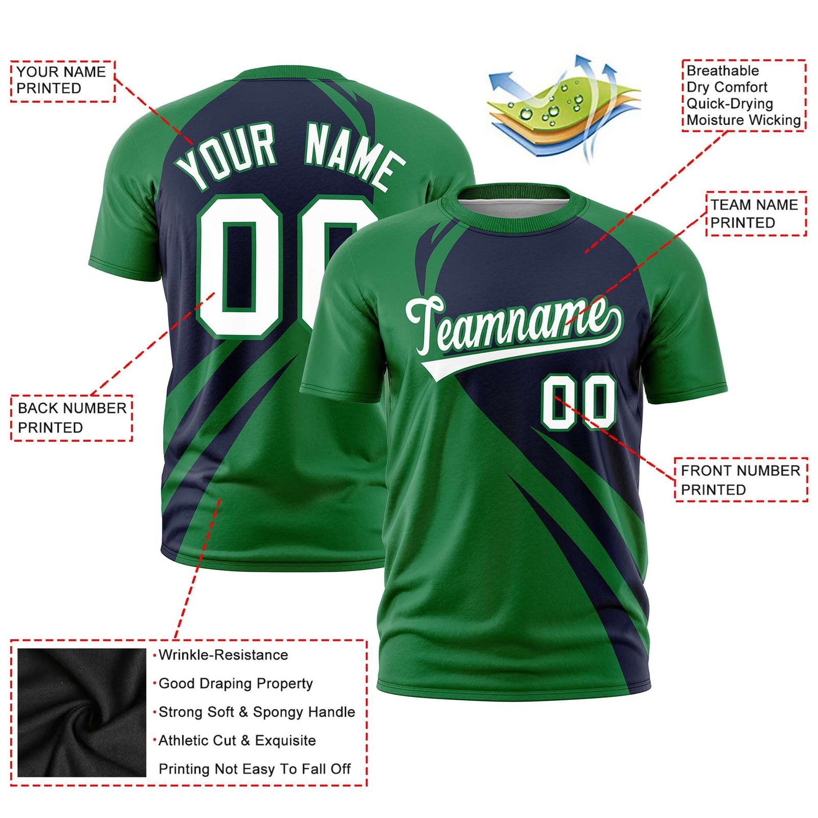 Custom Navy-Kelly Green Personalized Slanting Lump Pattern Performance T-Shirt