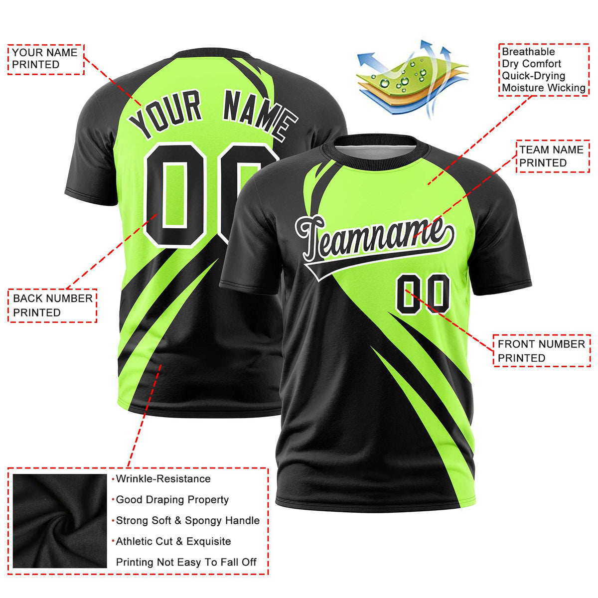 Custom Neon Green-Black Personalized Slanting Lump Pattern Performance T-Shirt