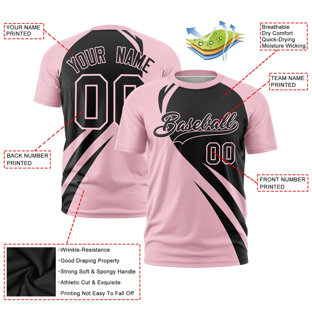 Custom Black-Light Pink Personalized Slanting Lump Pattern Performance T-Shirt