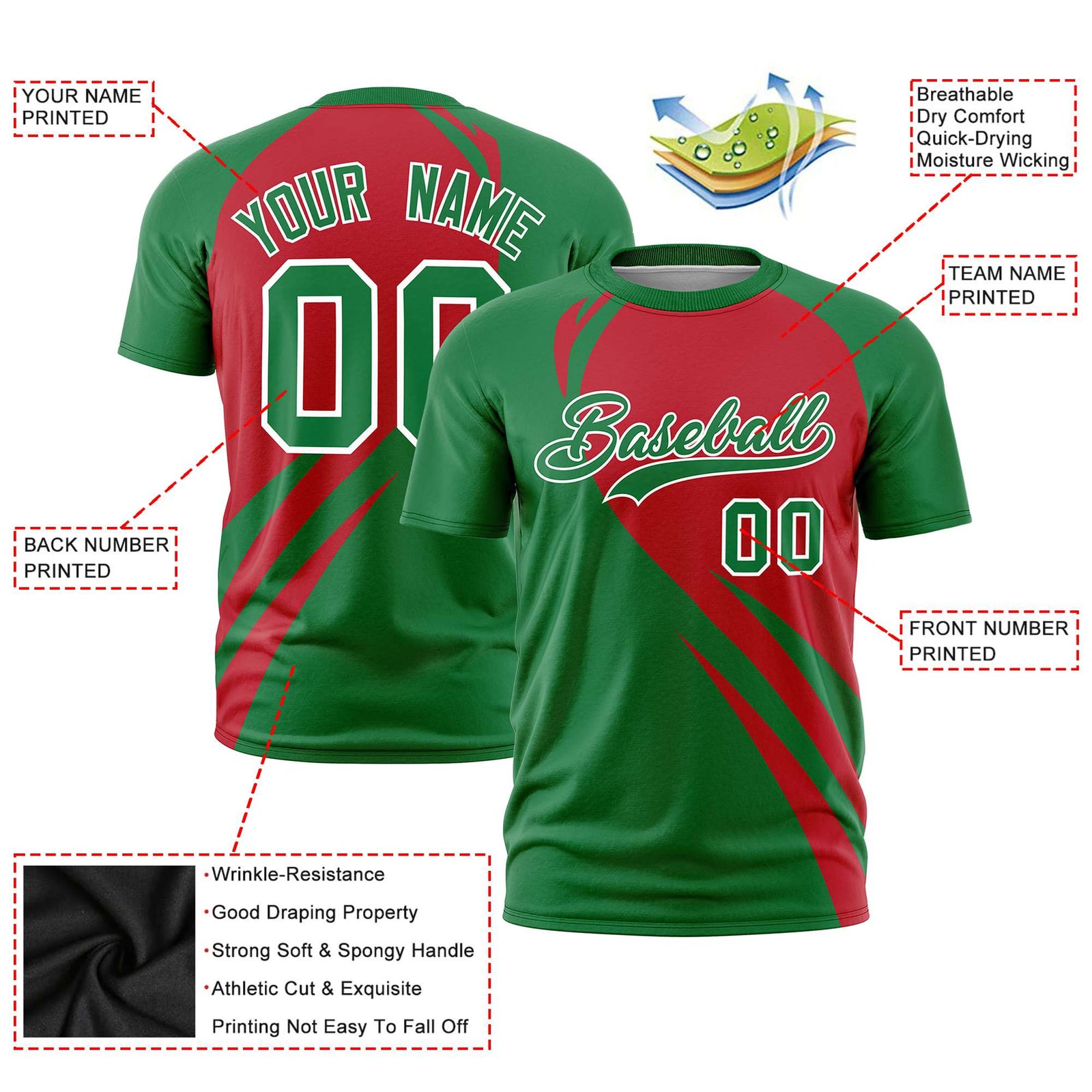 Custom Red-Kelly Green Personalized Slanting Lump Pattern Performance T-Shirt