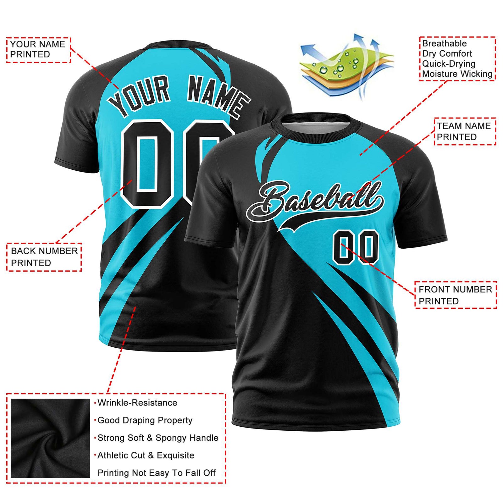 Custom Sky Blue-Black Personalized Slanting Lump Pattern Performance T-Shirt