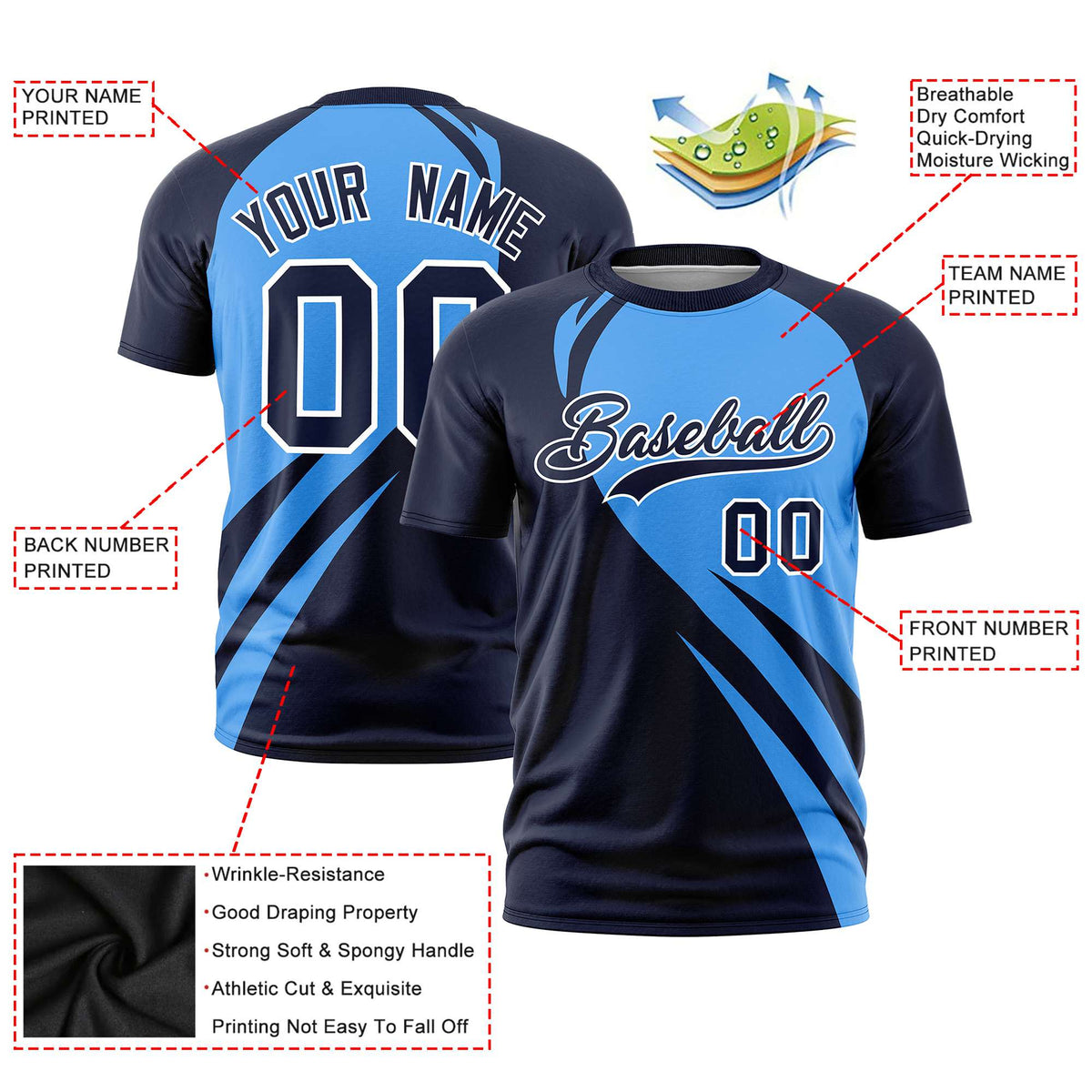 Custom Powder Blue-Navy Personalized Slanting Lump Pattern Performance T-Shirt
