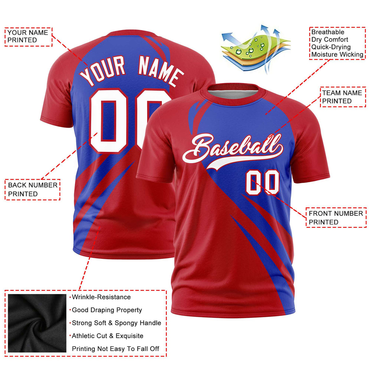 Custom Royal Blue-Red Personalized Slanting Lump Pattern Performance T-Shirt