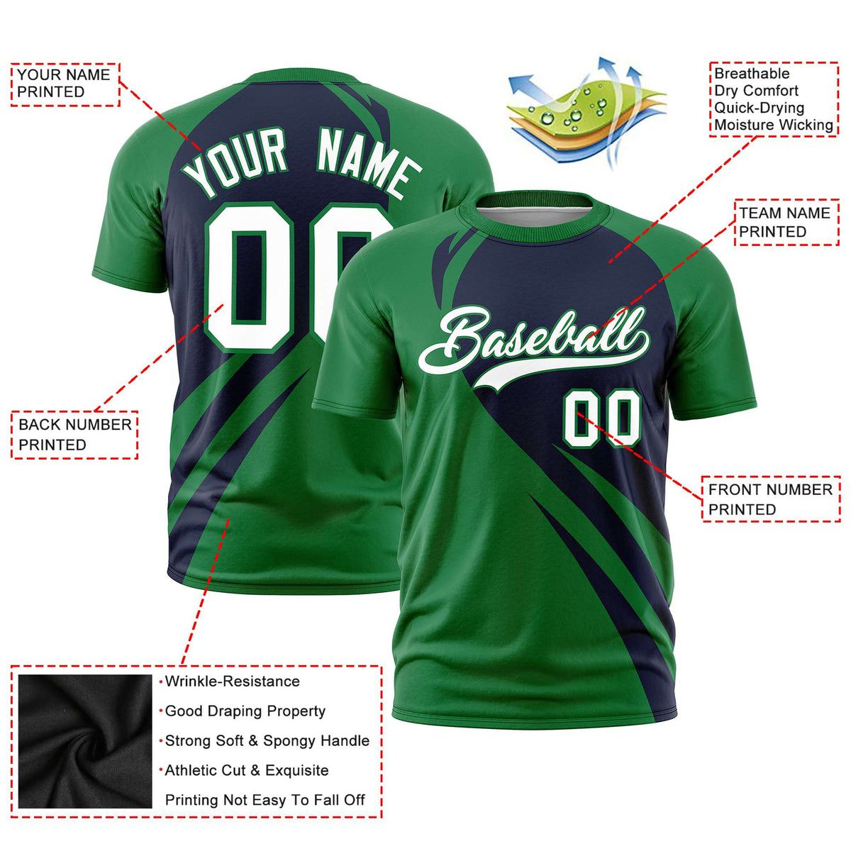 Custom Navy-Kelly Green Personalized Slanting Lump Pattern Performance T-Shirt