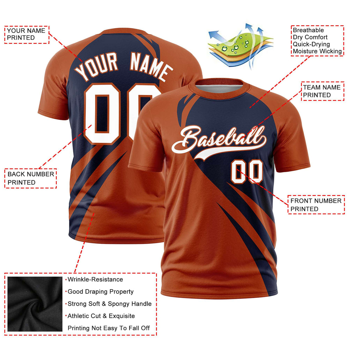 Custom Navy-Texas Orange Personalized Slanting Lump Pattern Performance T-Shirt