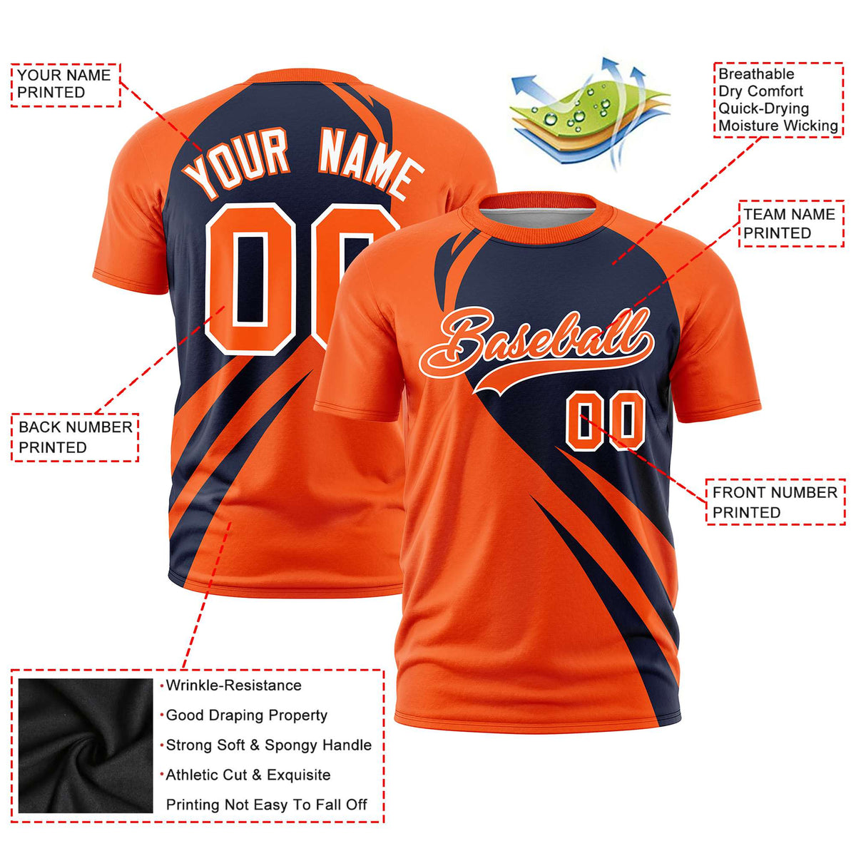 Custom Navy Orange Personalized Slanting Lump Pattern Performance T-Shirt