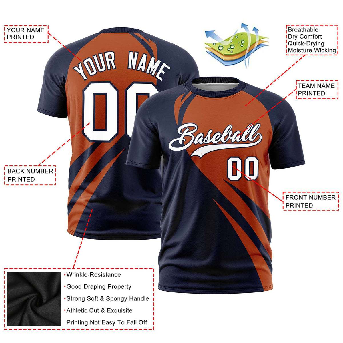 Custom Texas Orange-Navy Personalized Slanting Lump Pattern Performance T-Shirt
