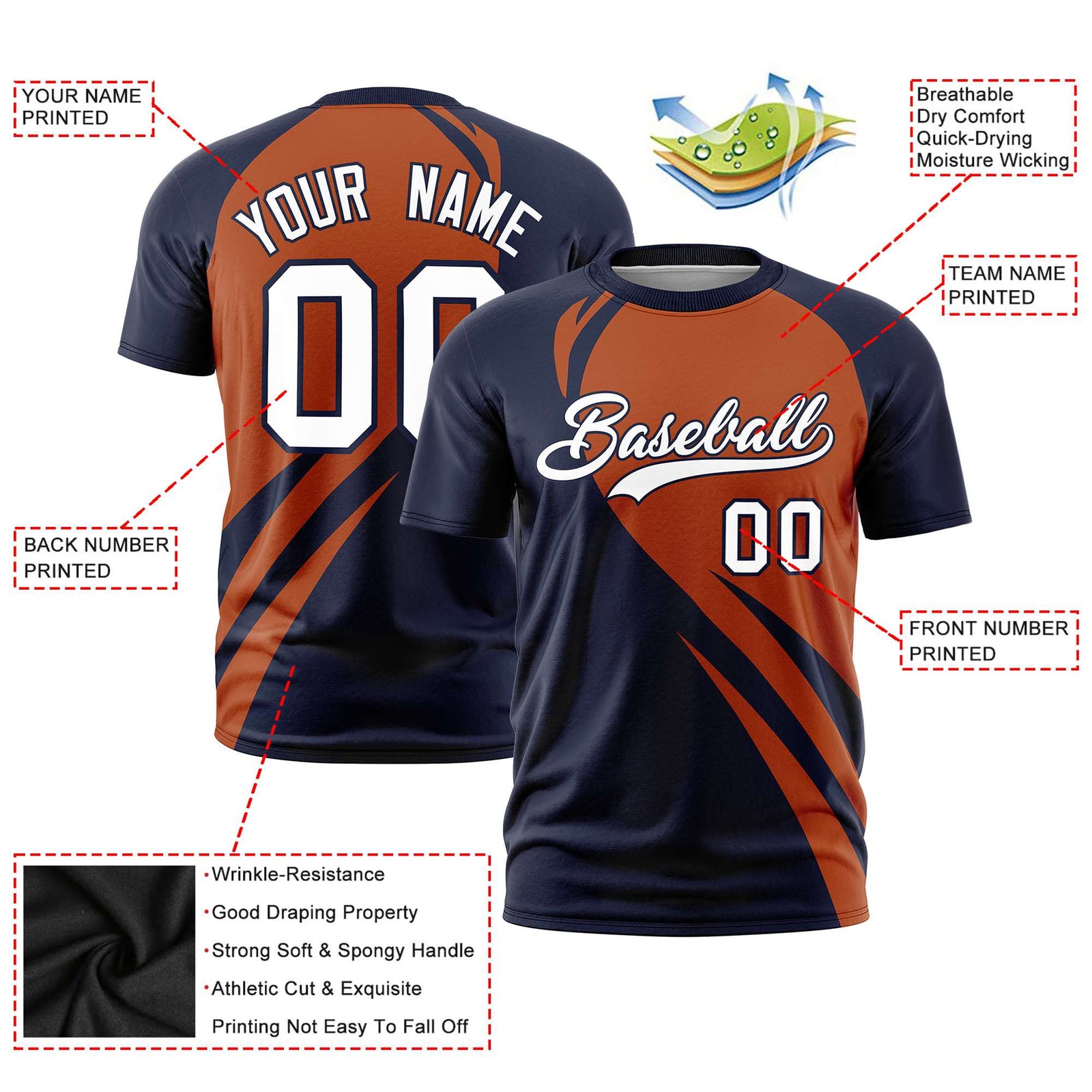 Custom Texas Orange-Navy Personalized Slanting Lump Pattern Performance T-Shirt