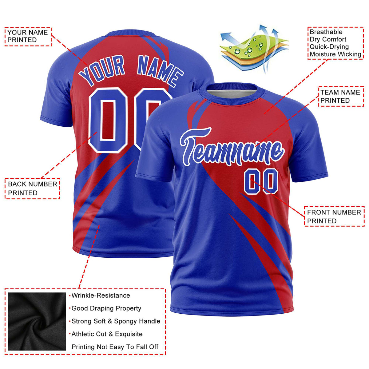 Custom Red-Royal Blue Personalized Slanting Lump Pattern Performance T-Shirt