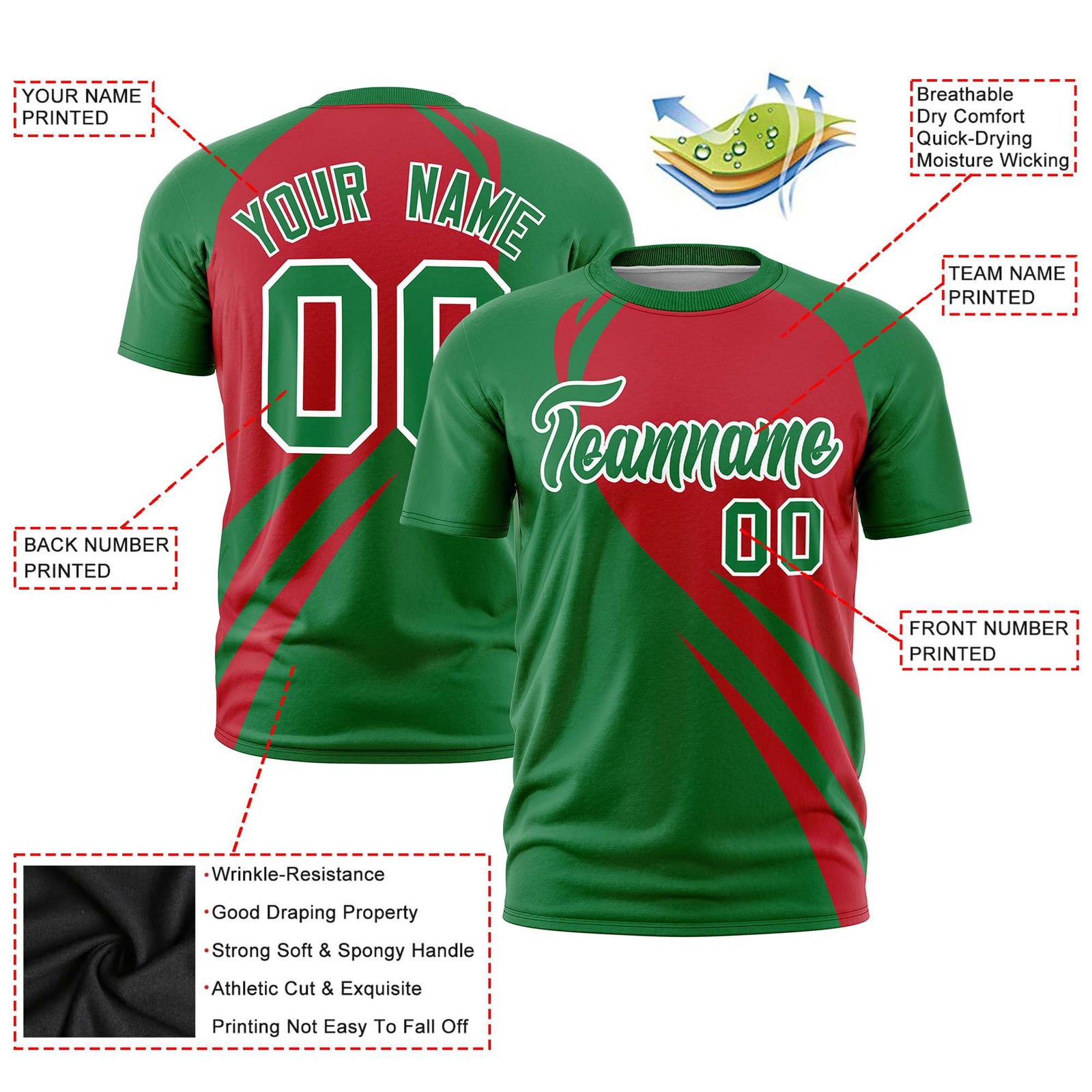 Custom Red-Kelly Green Personalized Slanting Lump Pattern Performance T-Shirt