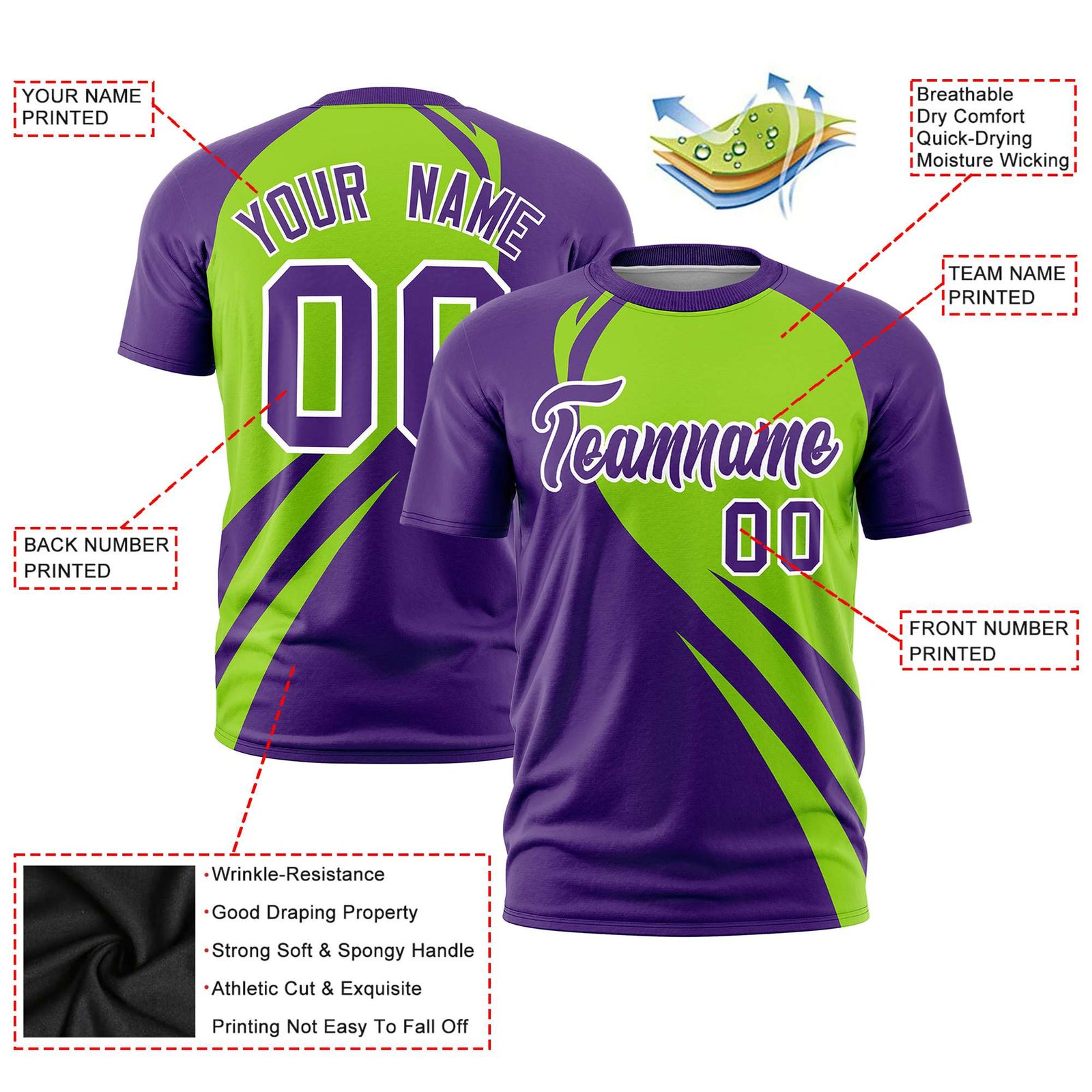 Custom Neon Green-Purple Personalized Slanting Lump Pattern Performance T-Shirt