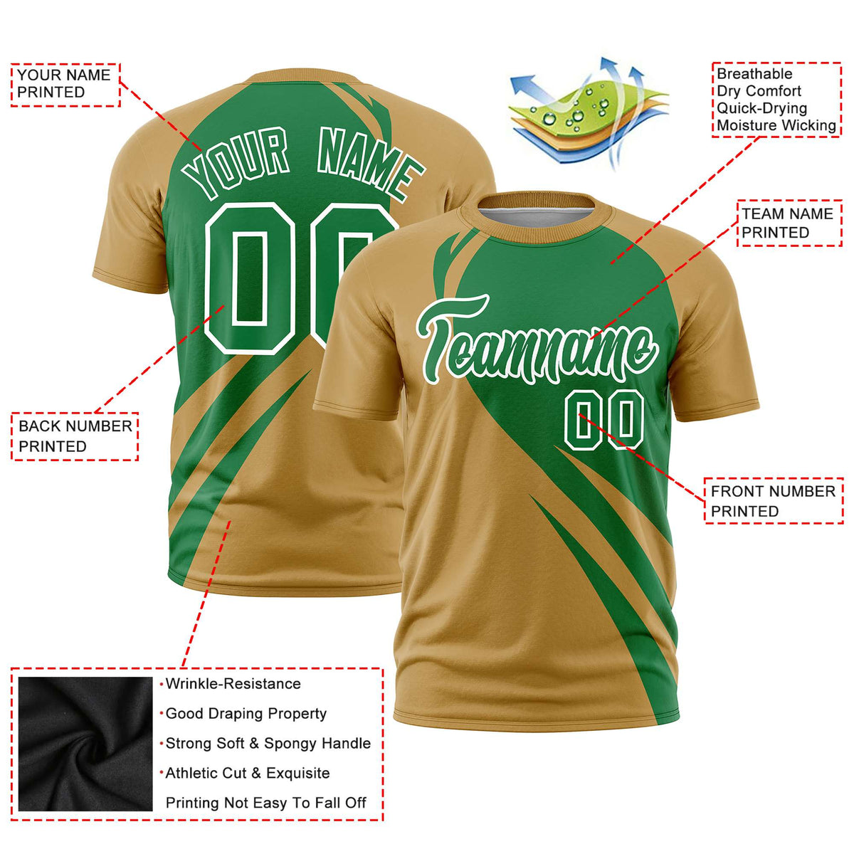 Custom Kelly Green-Gold Personalized Slanting Lump Pattern Performance T-Shirt