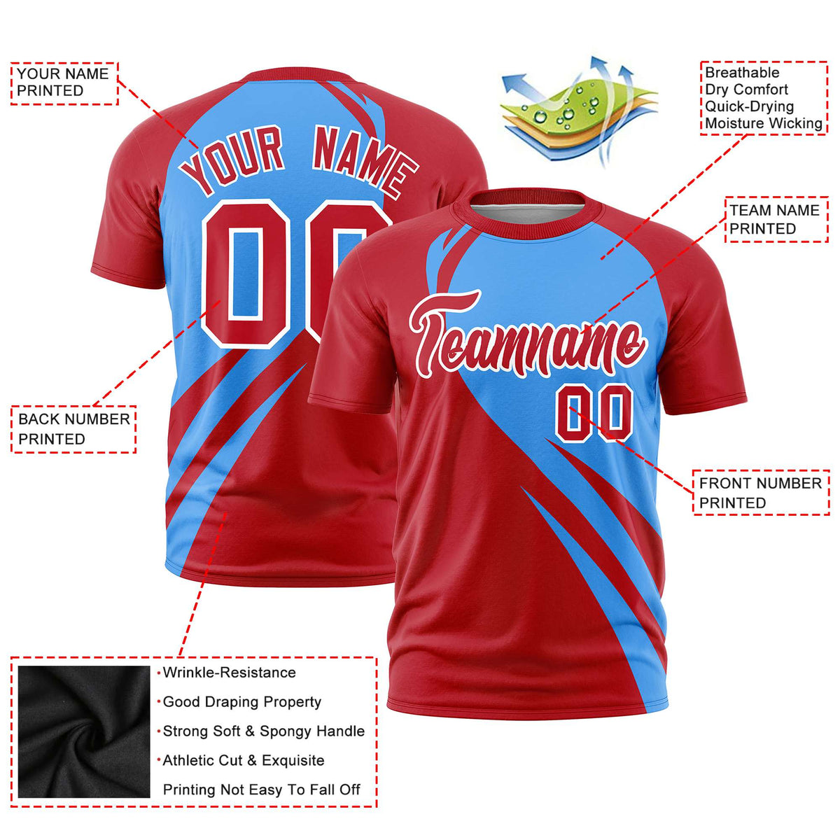 Custom Powder Blue-Red Personalized Slanting Lump Pattern Performance T-Shirt