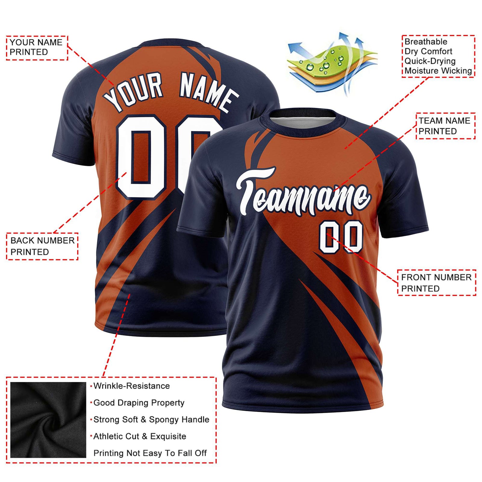 Custom Texas Orange-Navy Personalized Slanting Lump Pattern Performance T-Shirt