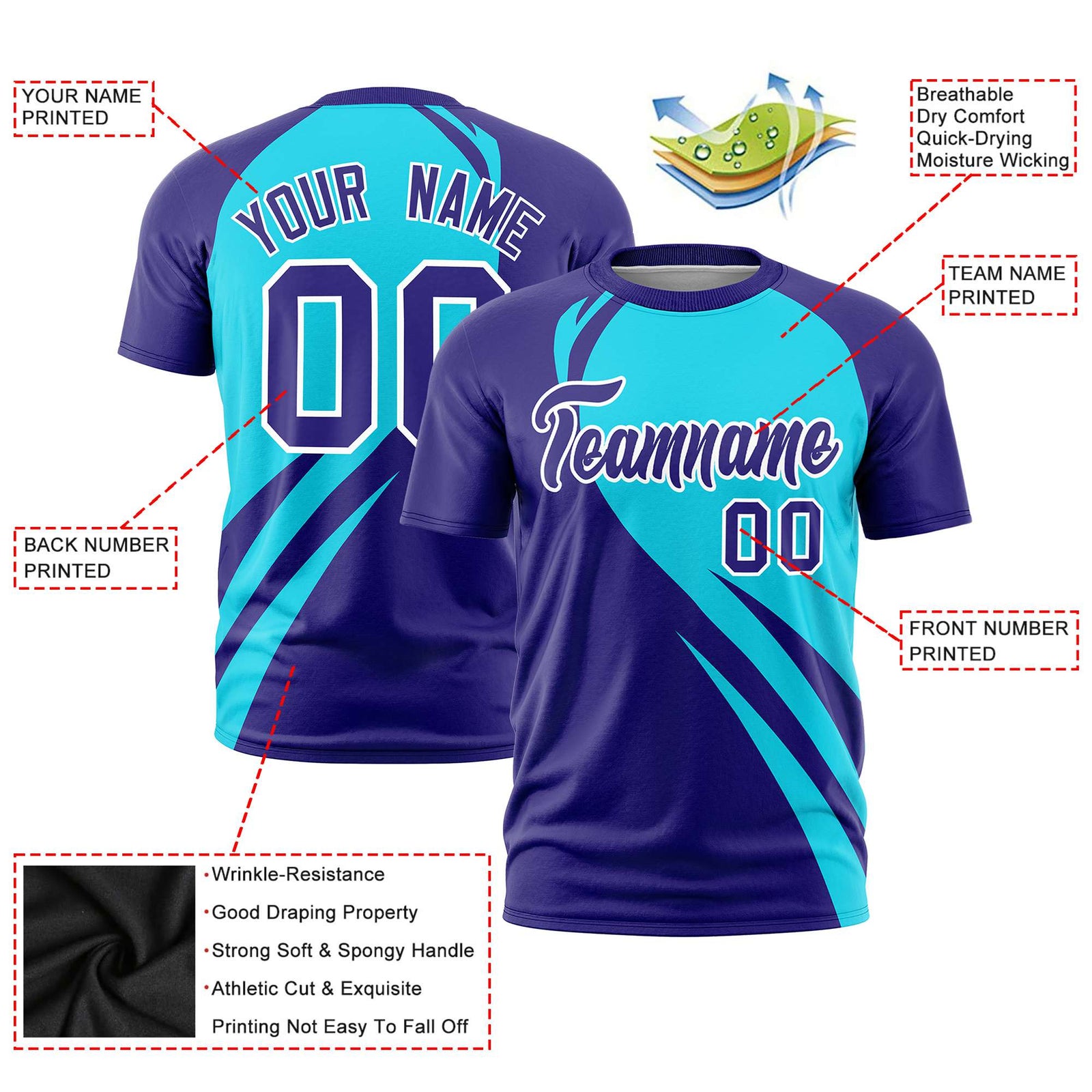 Custom Sky Blue-Purple Personalized Slanting Lump Pattern Performance T-Shirt