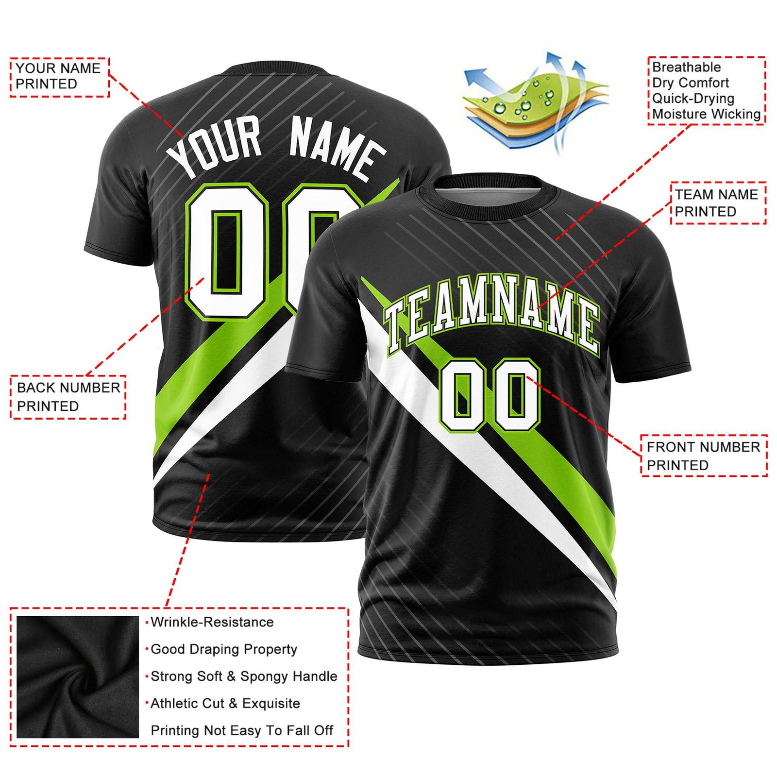 Custom Black Neon Green-White Personalized Slash Pattern Performance T-Shirt