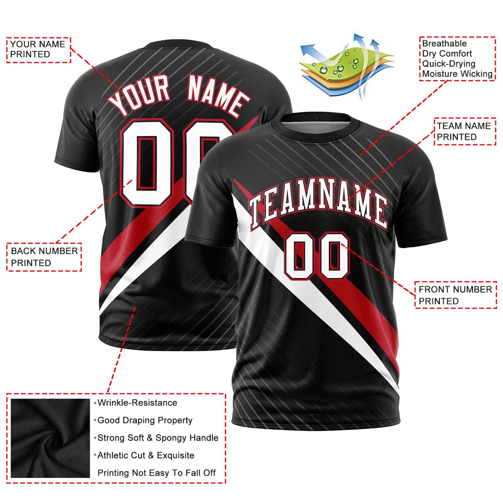 Custom Black Red-White Personalized Slash Pattern Performance T-Shirt