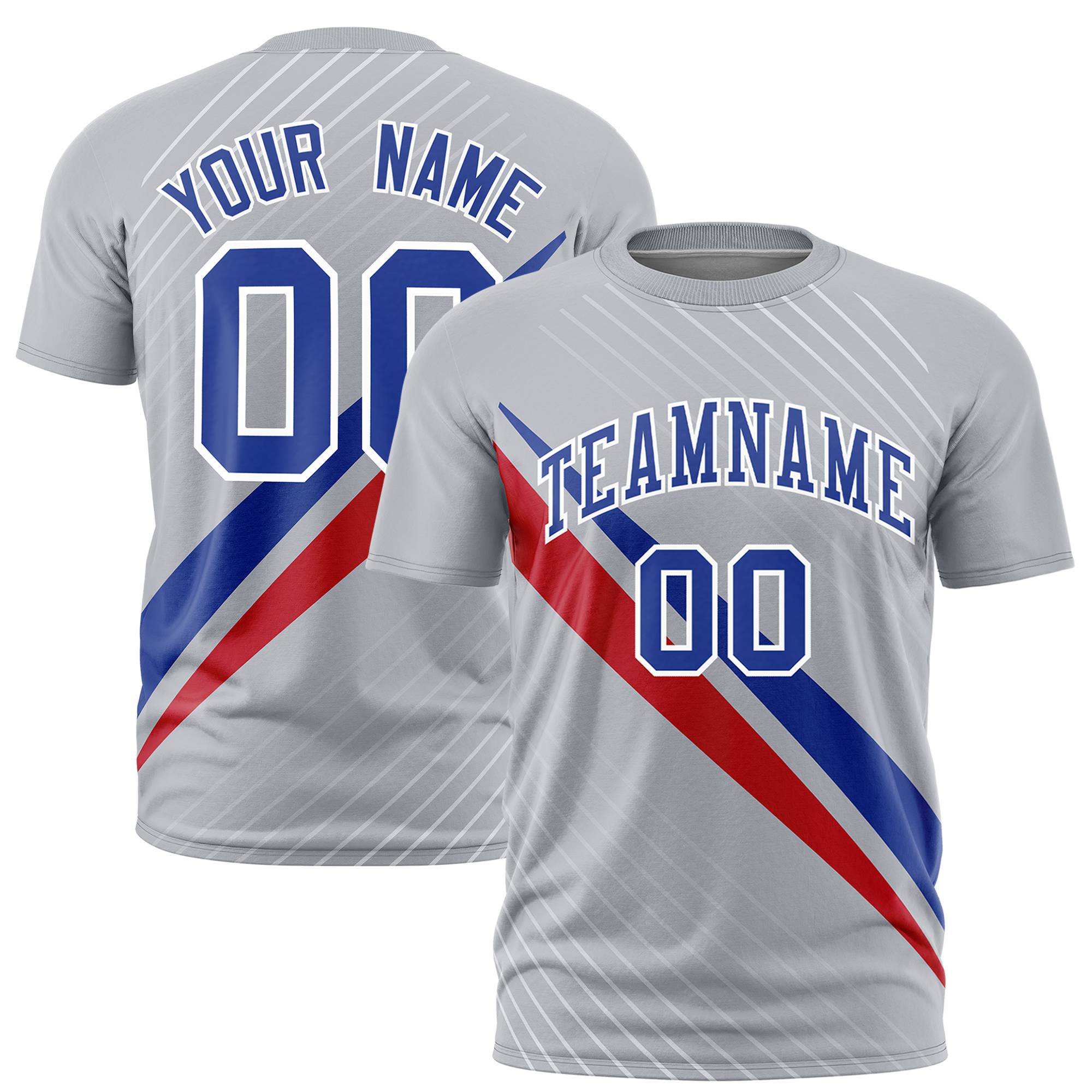 Custom Gray Royal Blue-Red Personalized Slash Pattern Performance T-Shirt