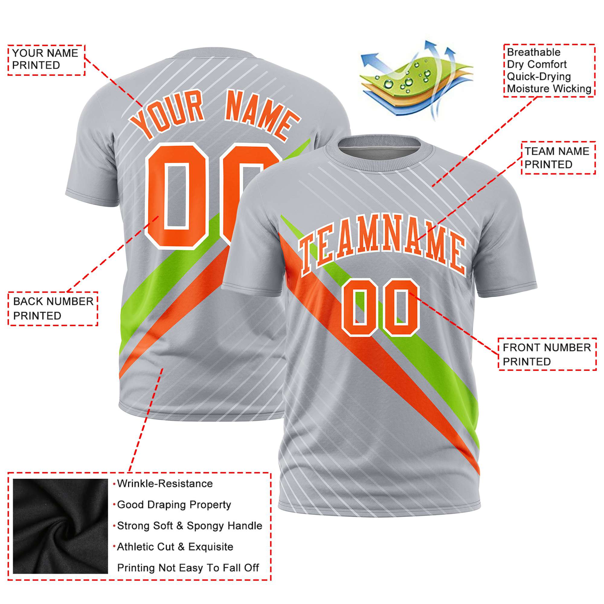 Custom Gray Neon Green-Orange Personalized Slash Pattern Performance T-Shirt