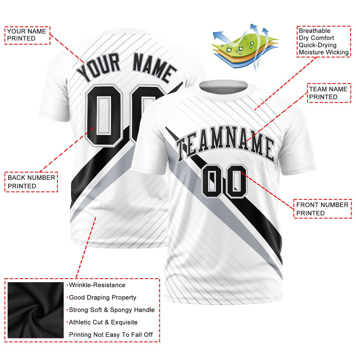 Custom White Black-Gray Personalized Slash Pattern Performance T-Shirt