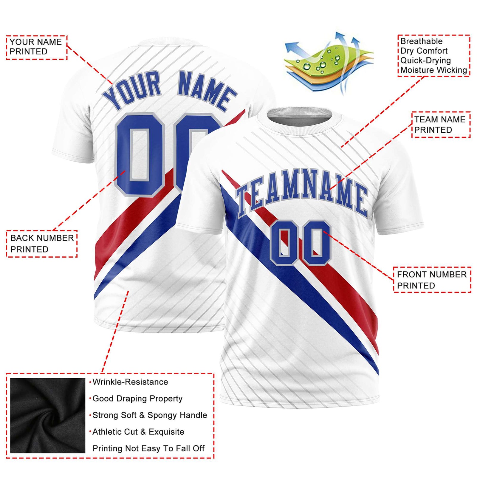 Custom White Red-Royal Blue Personalized Slash Pattern Performance T-Shirt