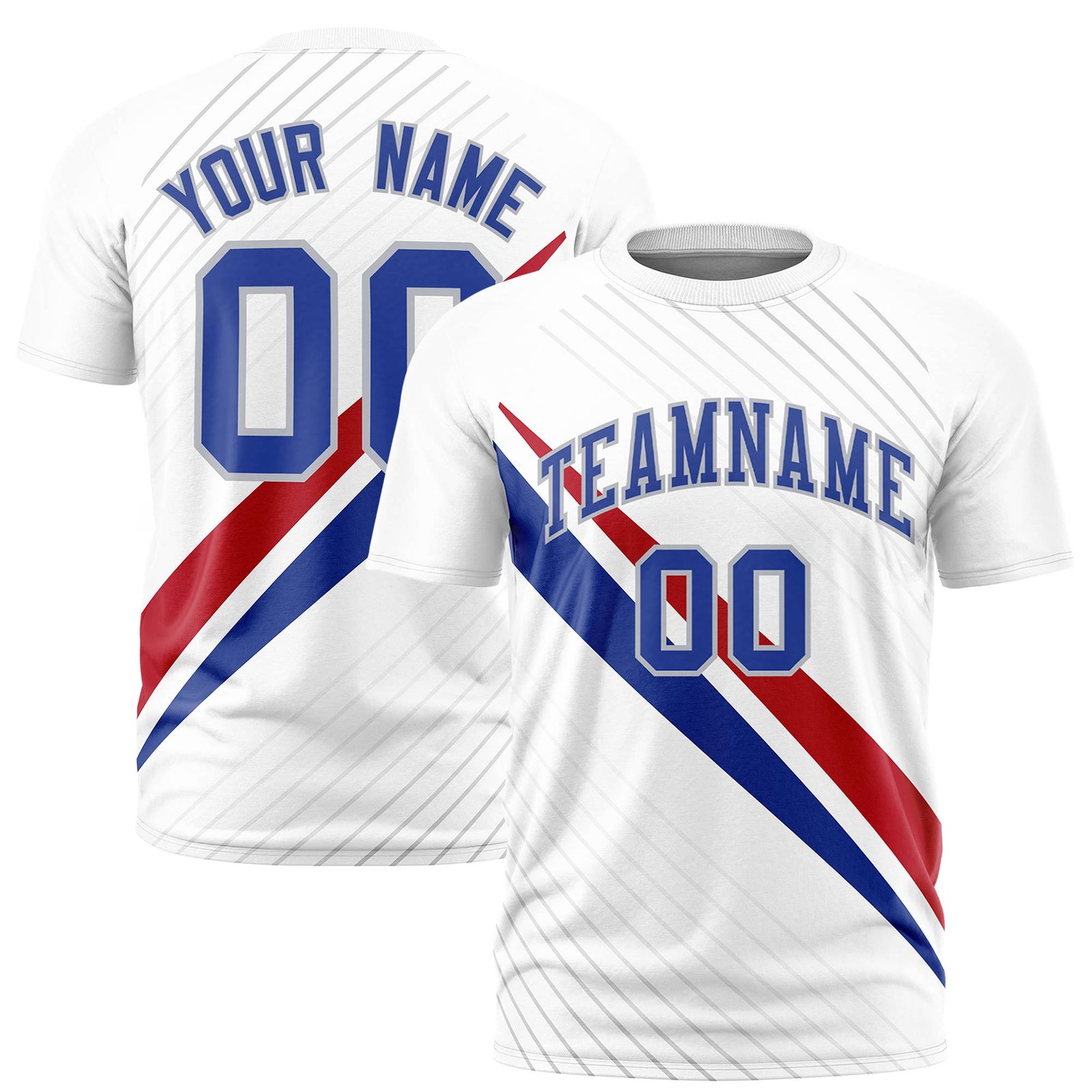 Custom White Red-Royal Blue Personalized Slash Pattern Performance T-Shirt