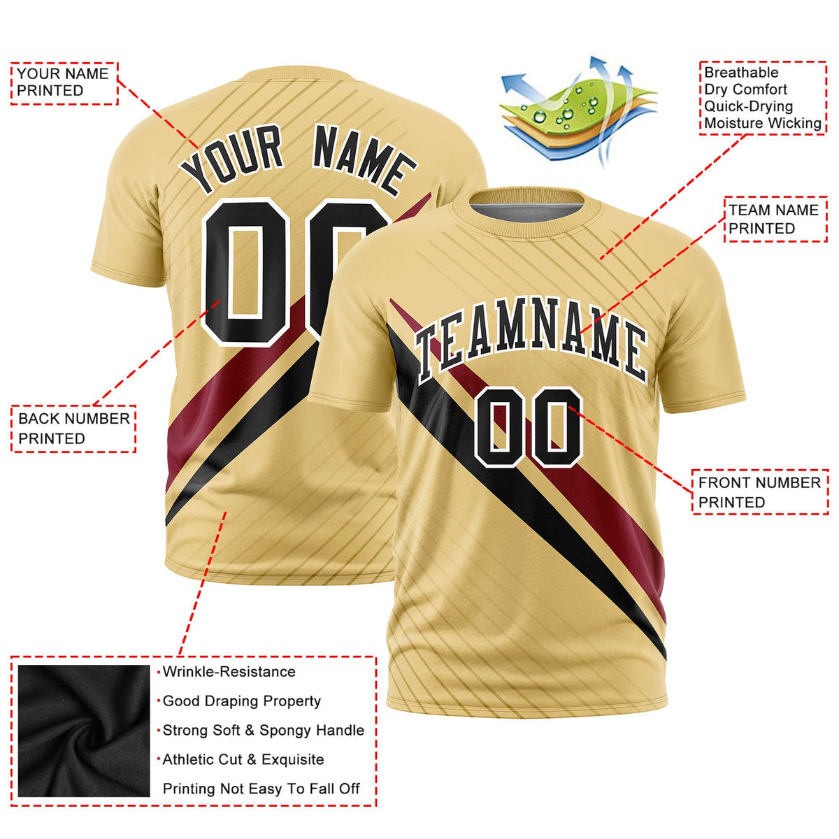 Custom Khaki Crimson-Black Personalized Slash Pattern Performance T-Shirt