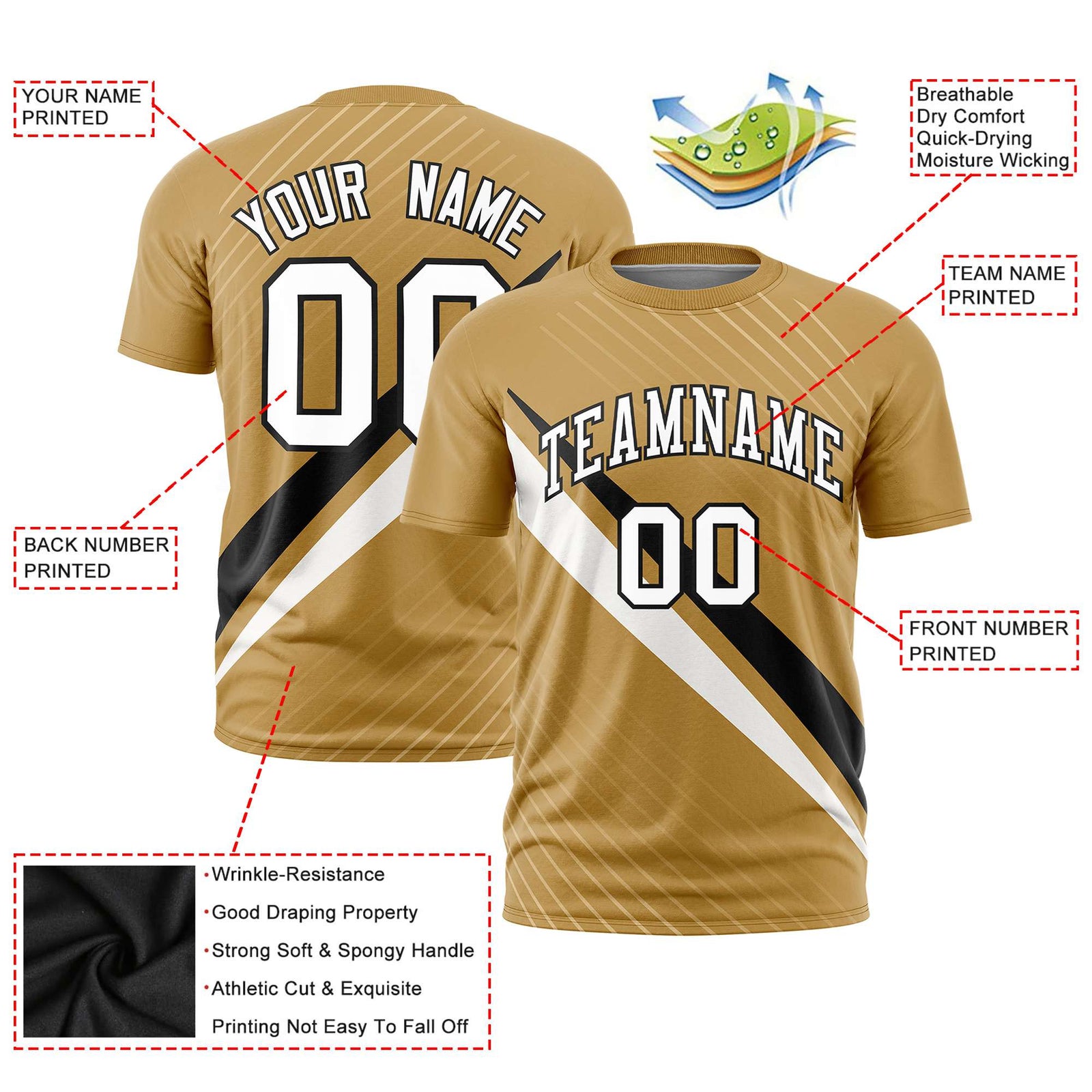 Custom Gold Black-White Personalized Slash Pattern Performance T-Shirt