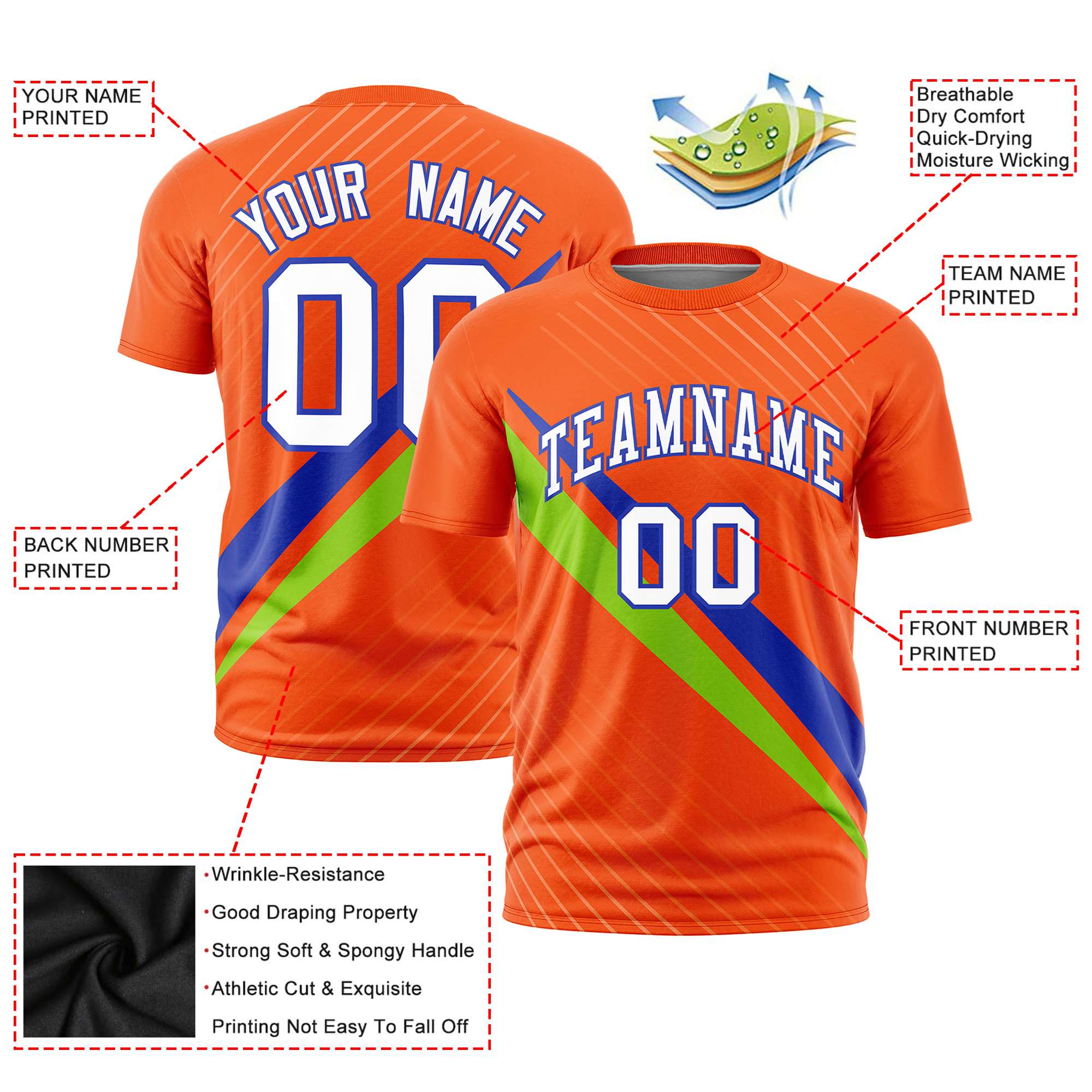 Custom Orange Royal Blue-Neon Green Personalized Slash Pattern Performance T-Shirt