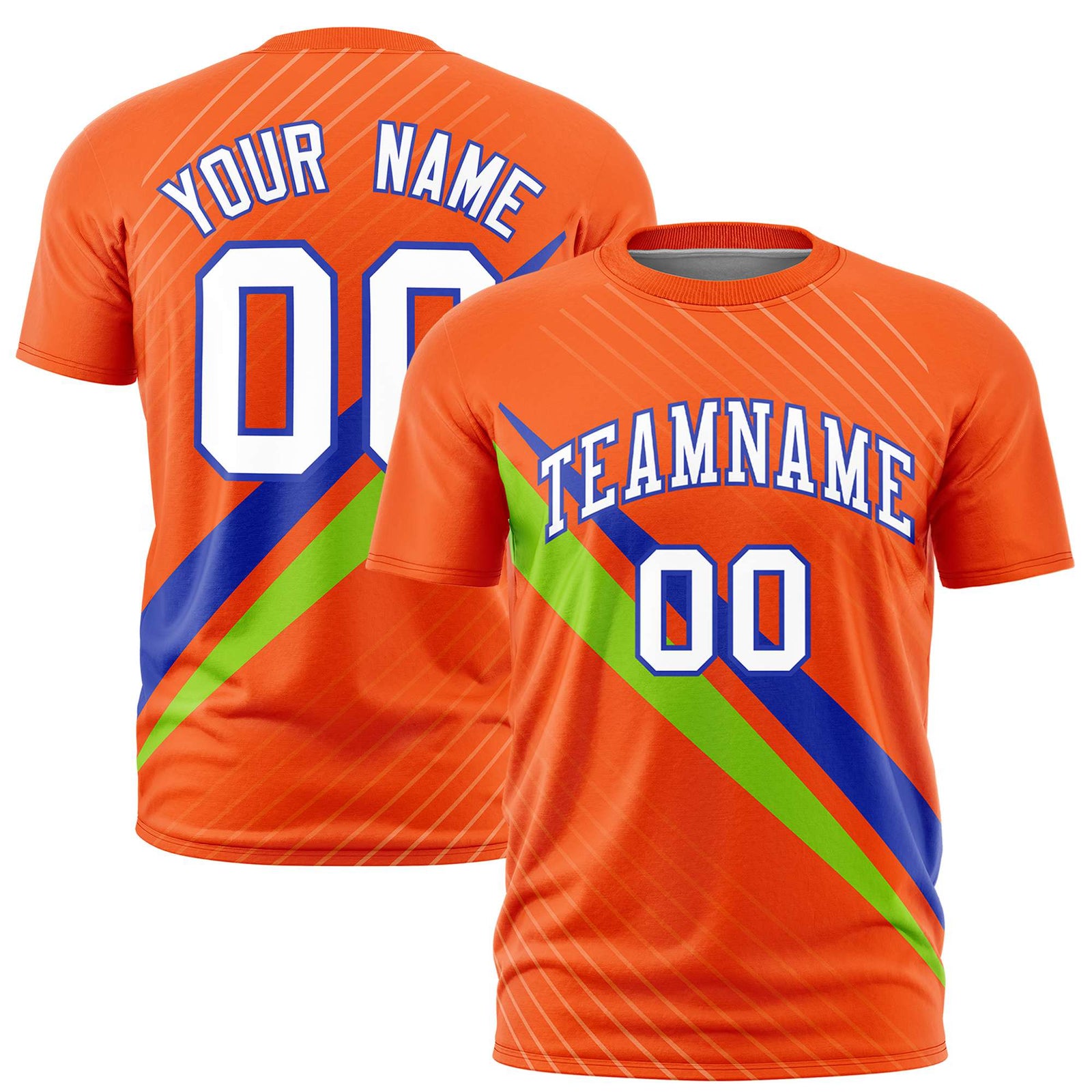 Custom Orange Royal Blue-Neon Green Personalized Slash Pattern Performance T-Shirt