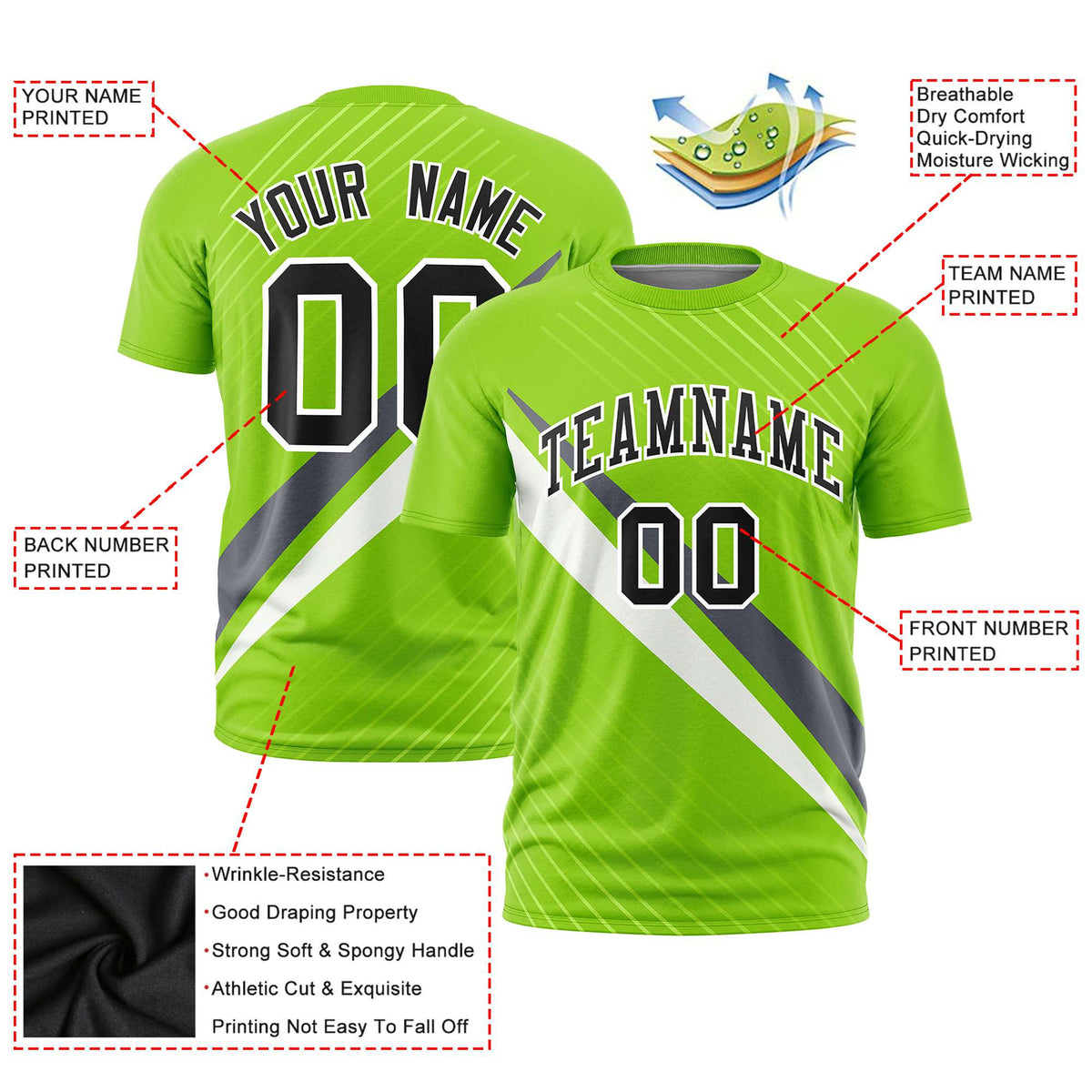 Custom Neon Green-Dark Gray White Personalized Slash Pattern Performance T-Shirt