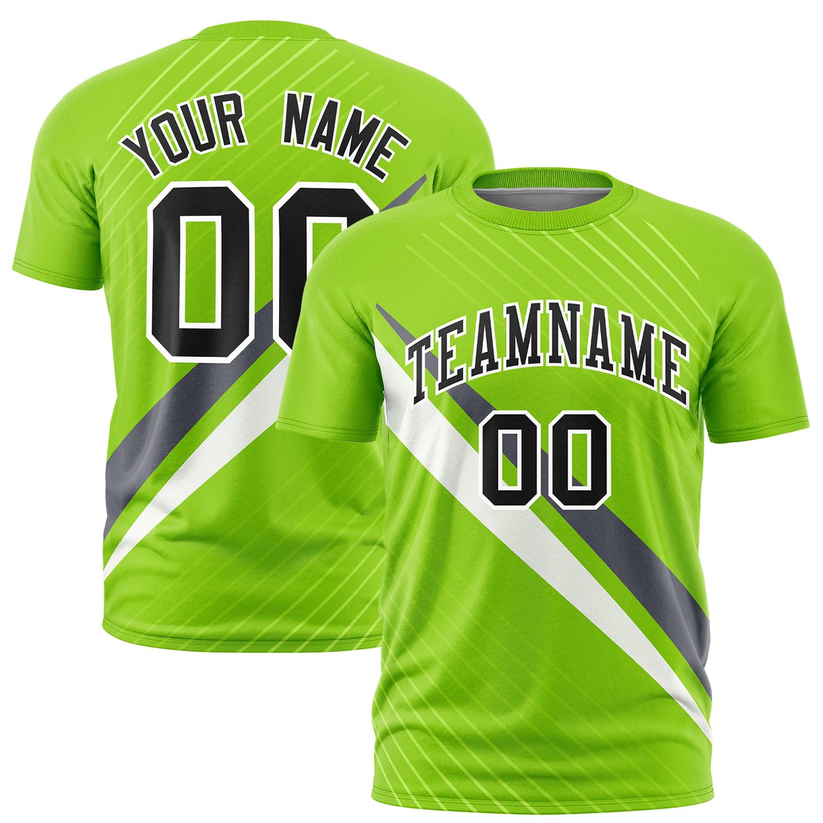 Custom Neon Green-Dark Gray White Personalized Slash Pattern Performance T-Shirt
