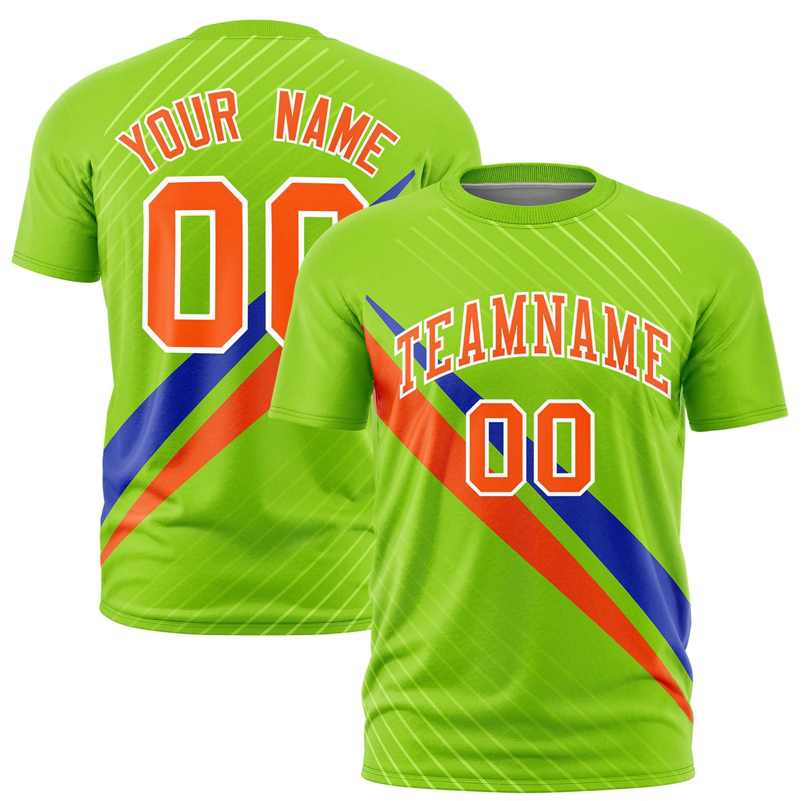 Custom Neon Green-Royal Blue Orange Personalized Slash Pattern Performance T-Shirt