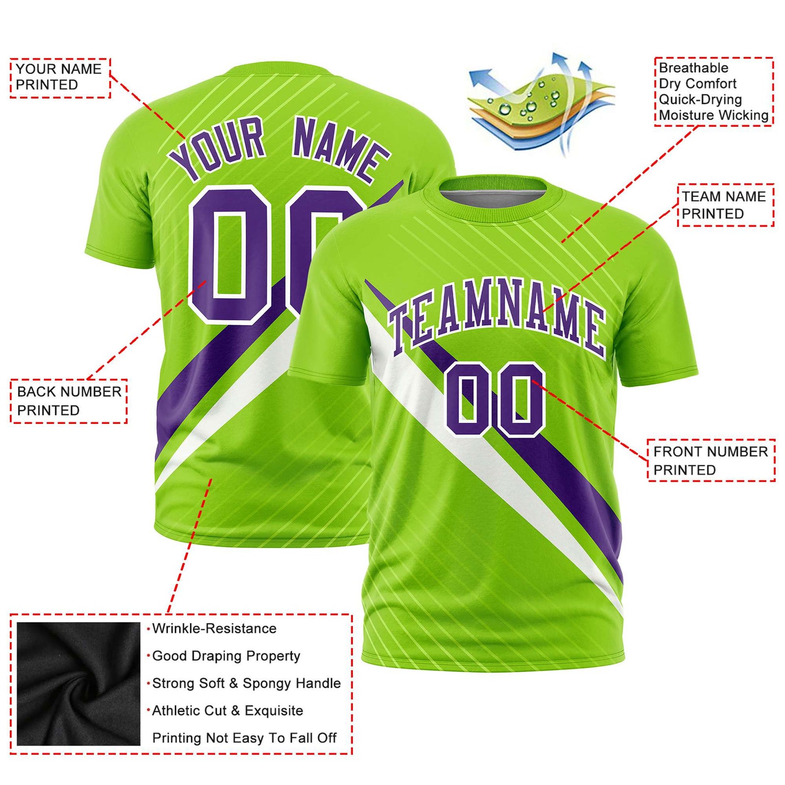 Custom Neon Green-Purple White Personalized Slash Pattern Performance T-Shirt