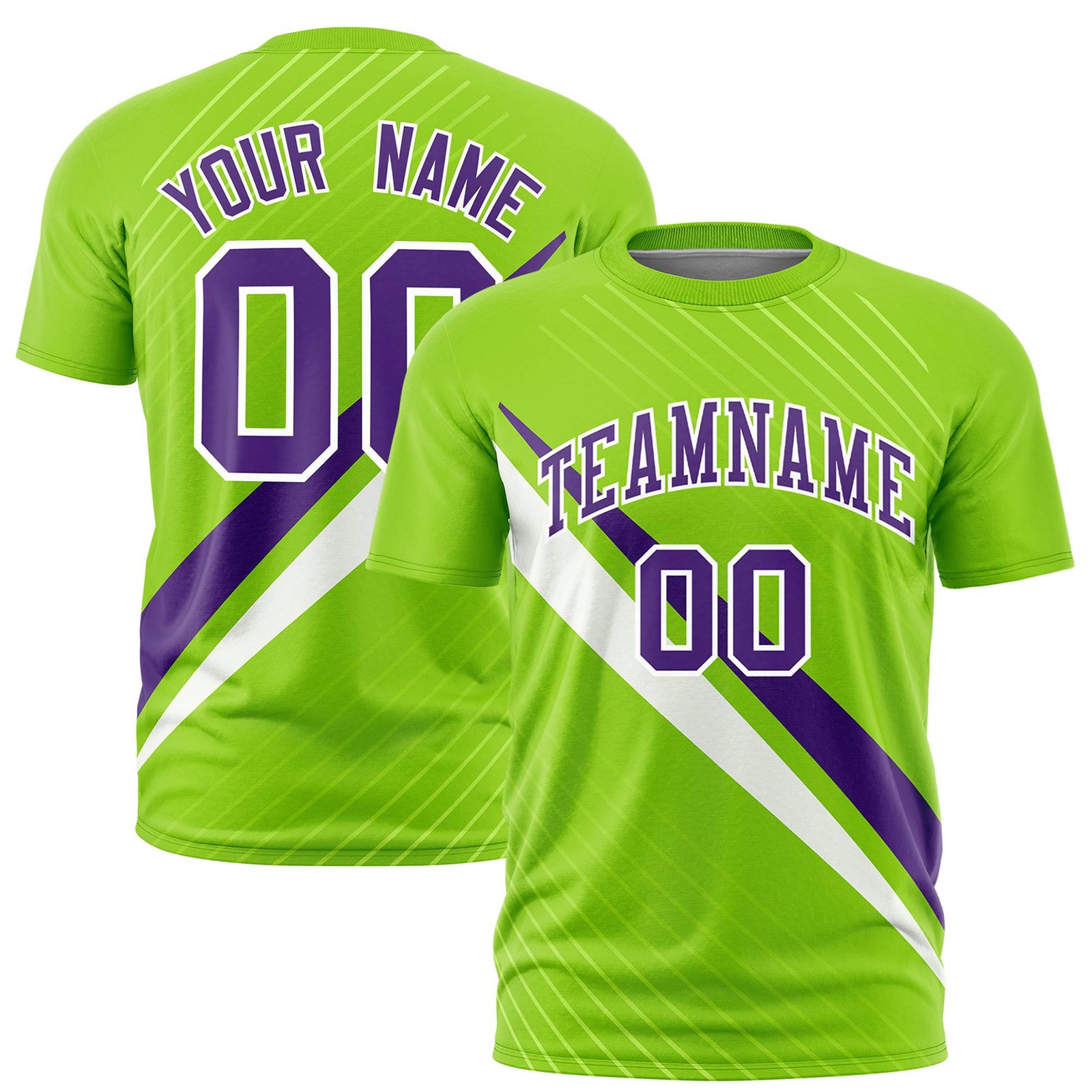 Custom Neon Green-Purple White Personalized Slash Pattern Performance T-Shirt
