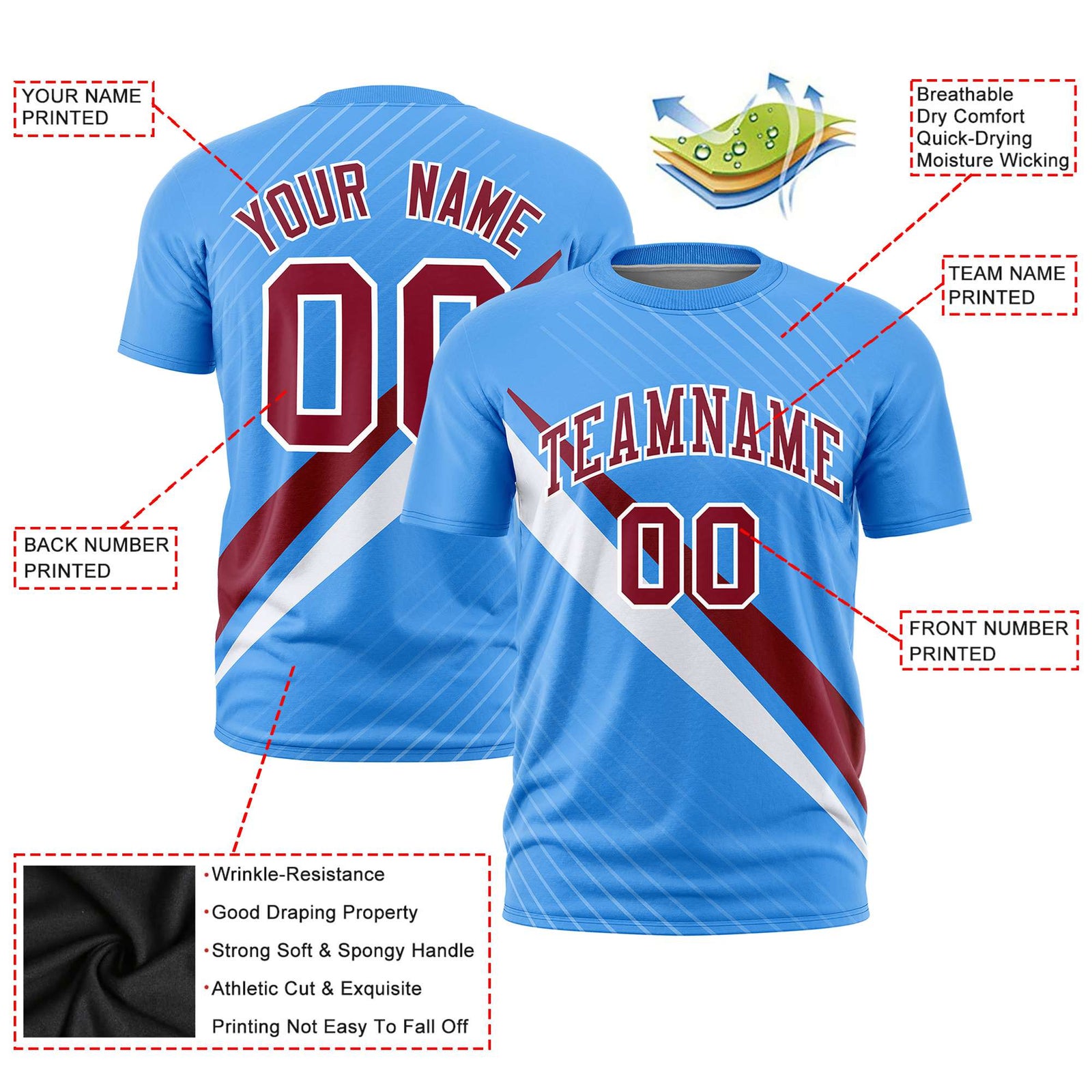 Custom Powder Blue-Crimson White Personalized Slash Pattern Performance T-Shirt