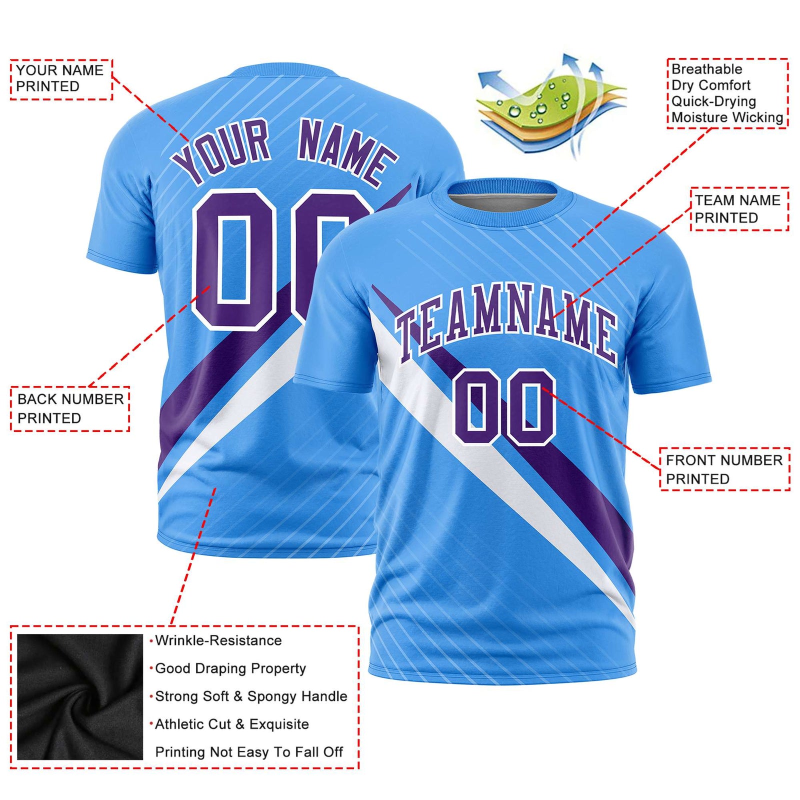 Custom Powder Blue-Purple White Personalized Slash Pattern Performance T-Shirt