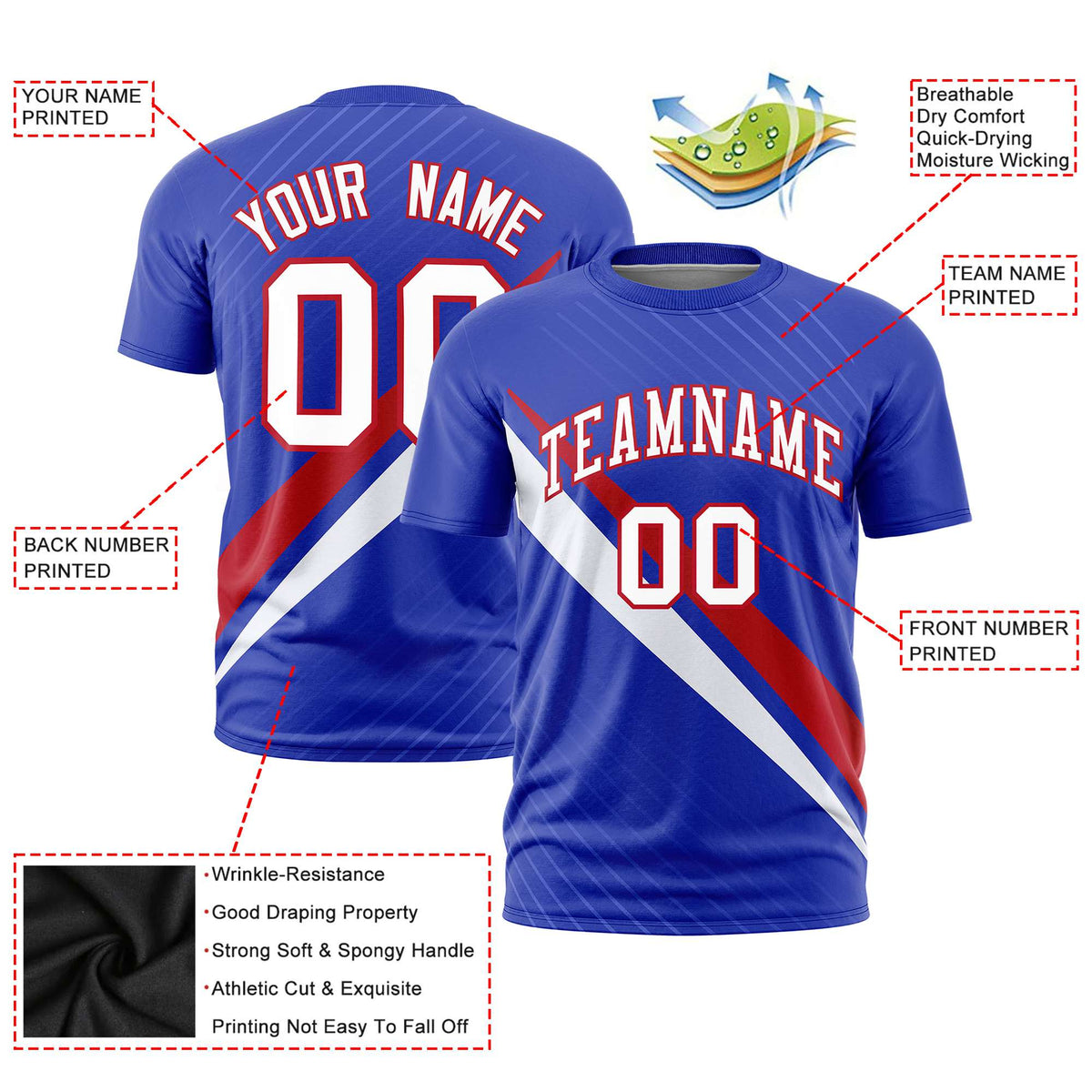 Custom Royal Blue-Red White Personalized Slash Pattern Performance T-Shirt