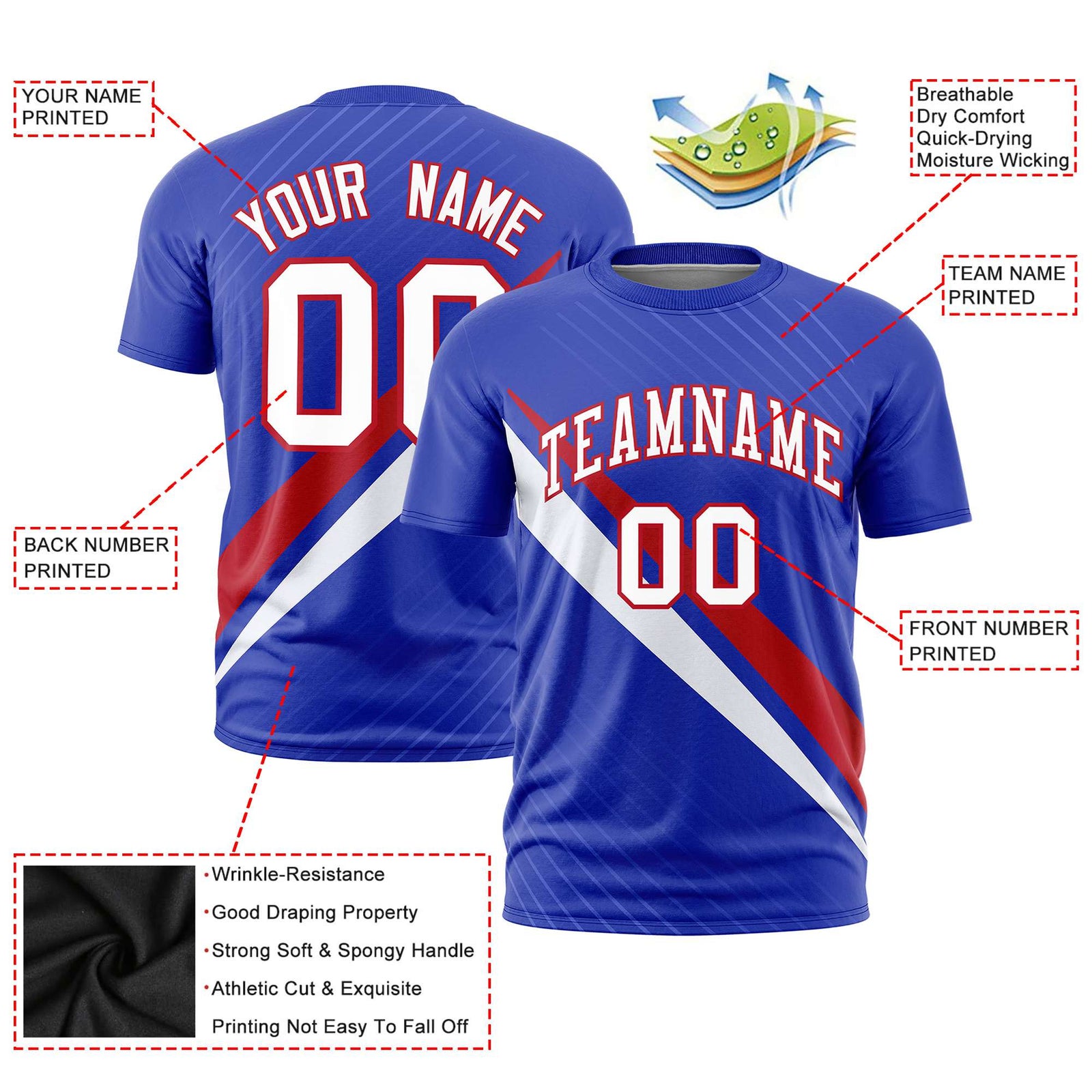 Custom Royal Blue-Red White Personalized Slash Pattern Performance T-Shirt