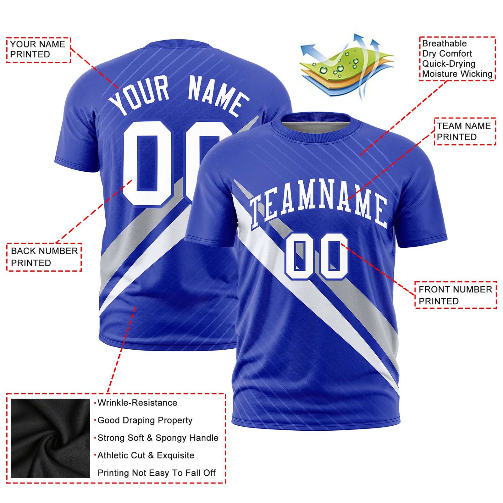 Custom Royal Blue-Gray White Personalized Slash Pattern Performance T-Shirt