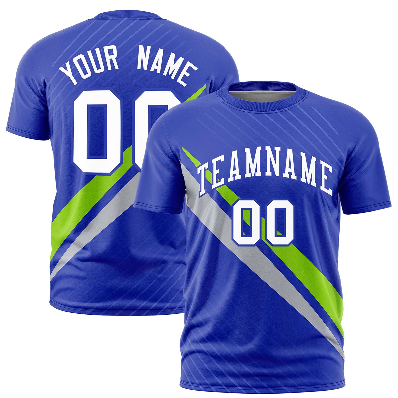 Custom Royal Blue-Neon Green Gray Personalized Slash Pattern Performance T-Shirt