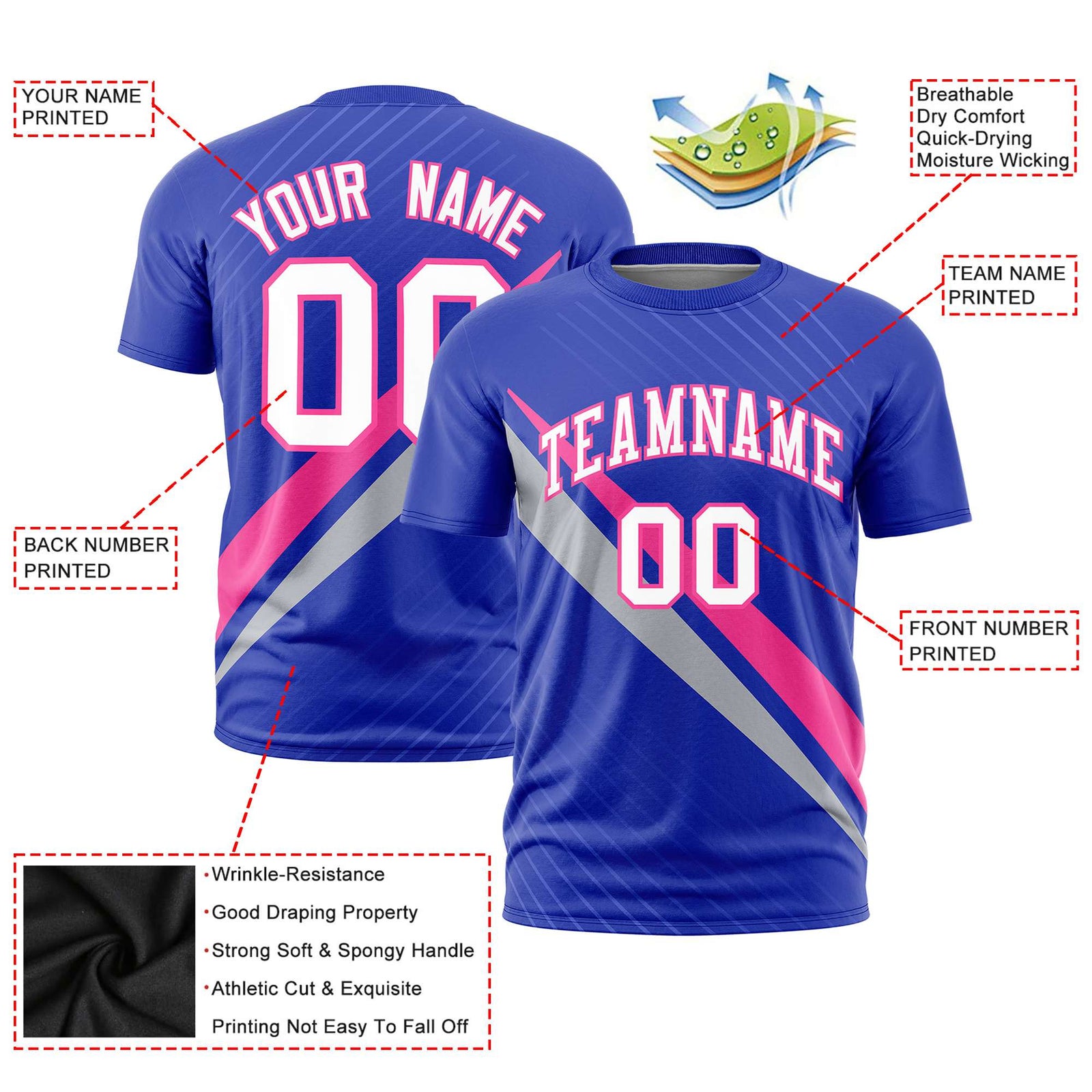 Custom Royal Blue-Pink Gray Personalized Slash Pattern Performance T-Shirt
