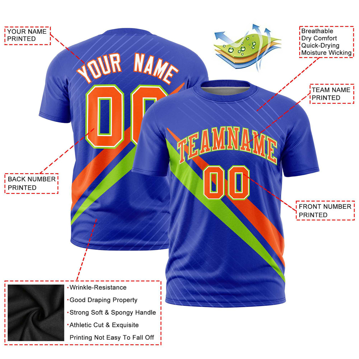 Custom Royal Blue-Orange Neon Green Personalized Slash Pattern Performance T-Shirt