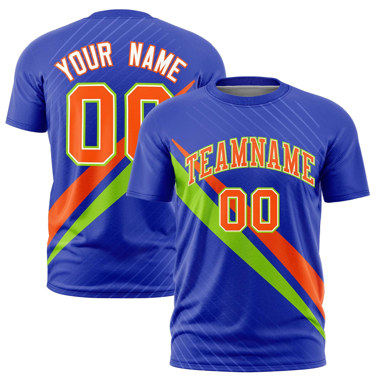 Custom Royal Blue-Orange Neon Green Personalized Slash Pattern Performance T-Shirt