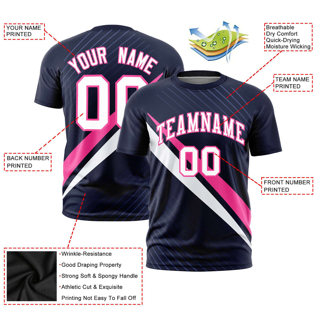Custom Navy Pink-White Personalized Slash Pattern Performance T-Shirt