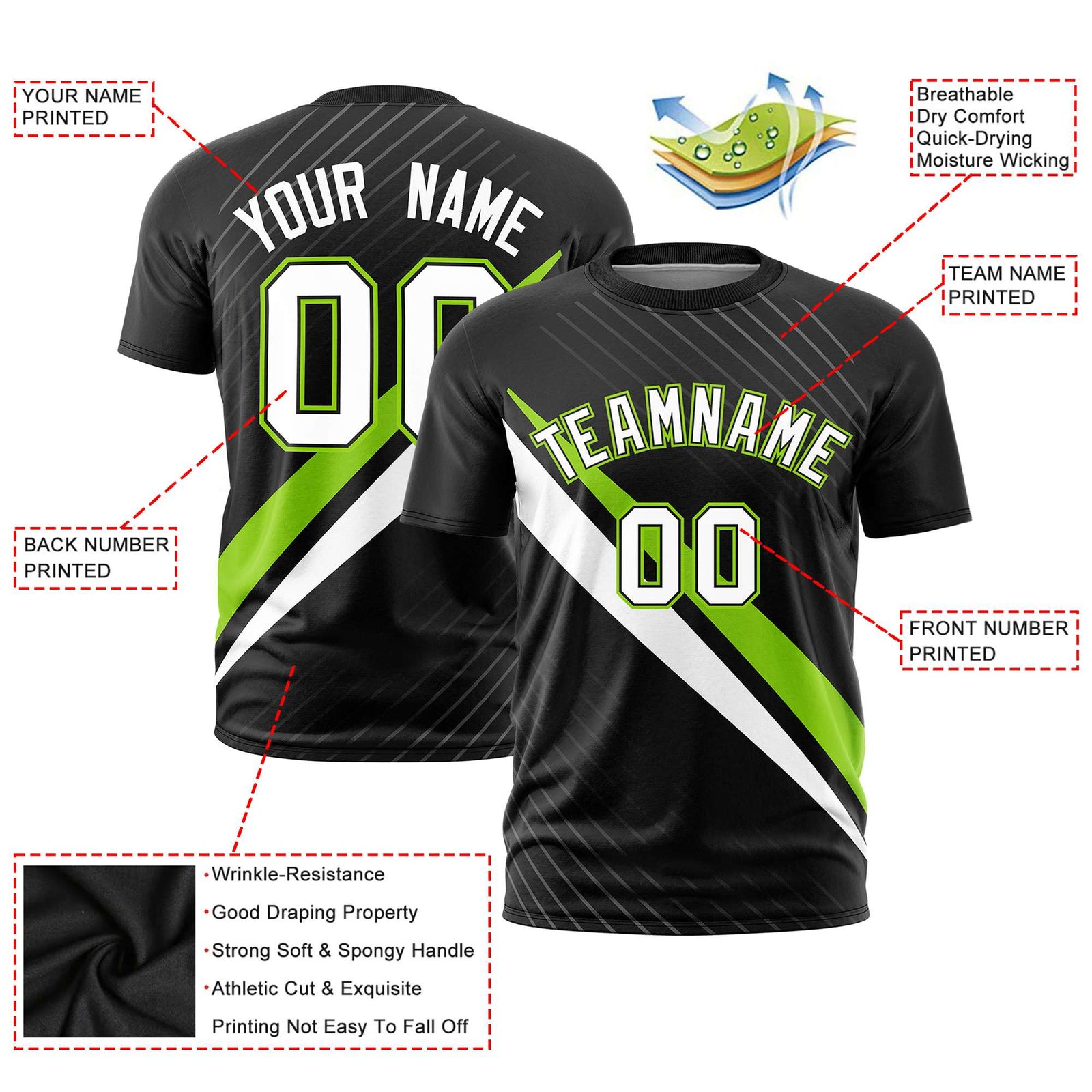 Custom Black Neon Green-White Personalized Slash Pattern Performance T-Shirt