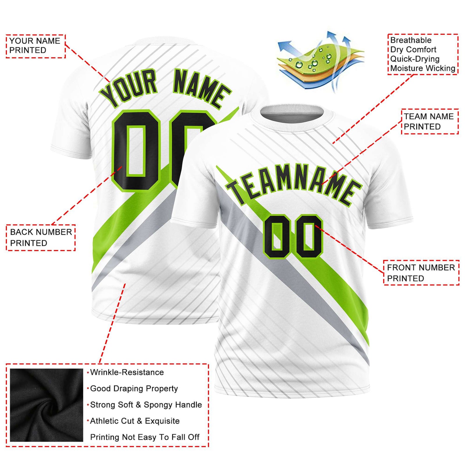 Custom White Neon Green-Gray Personalized Slash Pattern Performance T-Shirt