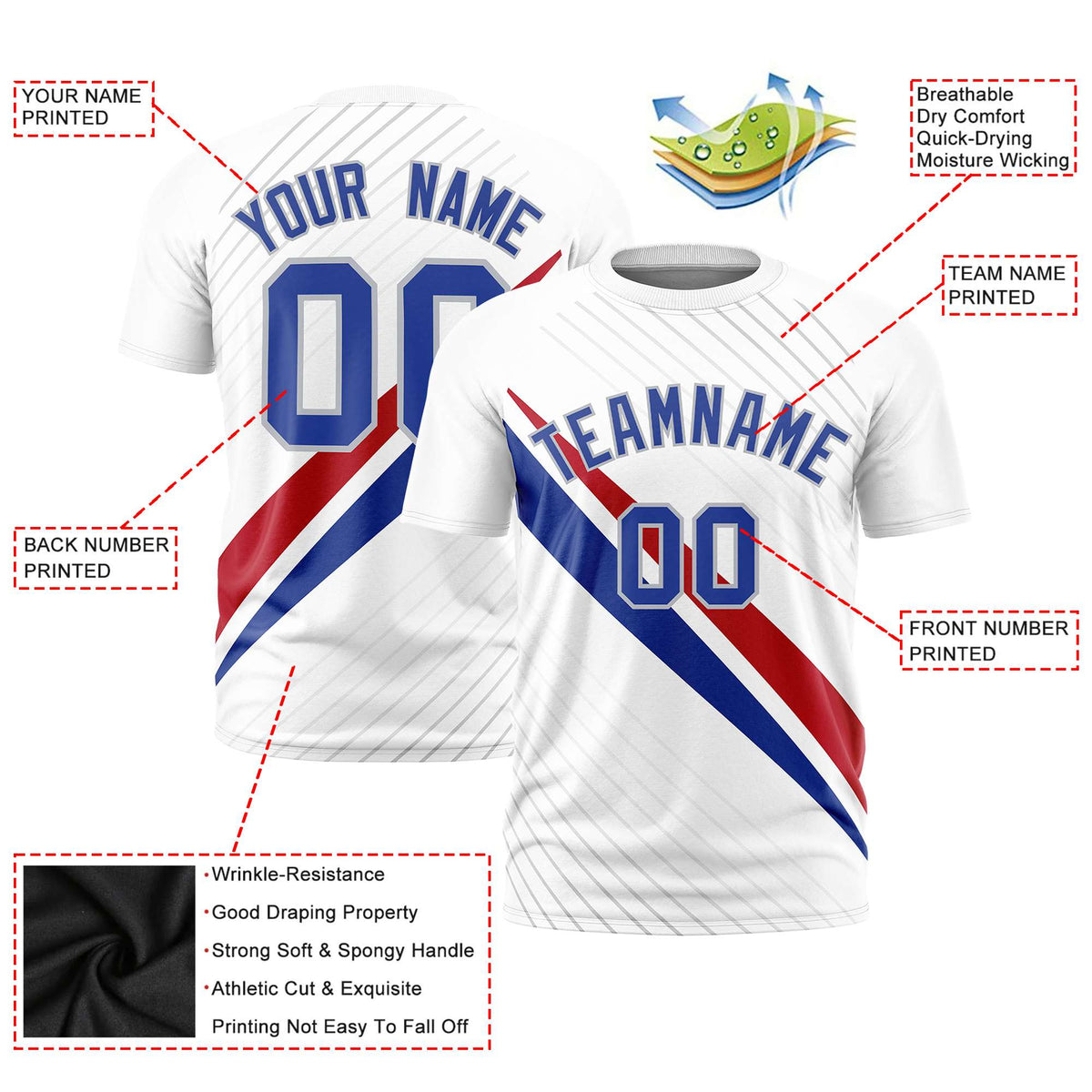 Custom White Red-Royal Blue Personalized Slash Pattern Performance T-Shirt