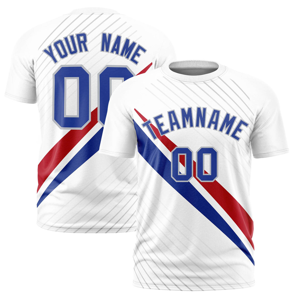 Custom White Red-Royal Blue Personalized Slash Pattern Performance T-Shirt