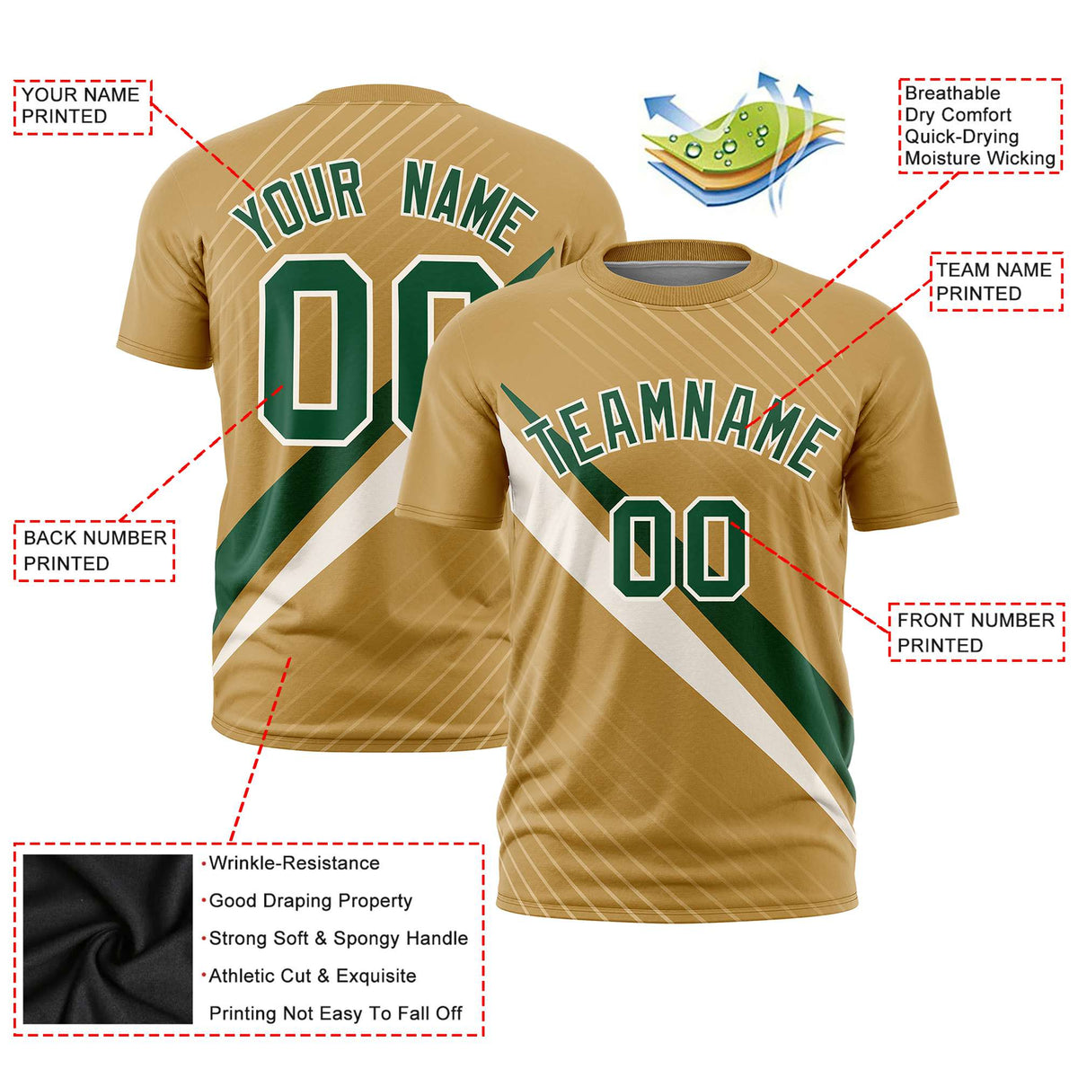Custom Gold Green-Khaki Personalized Slash Pattern Performance T-Shirt